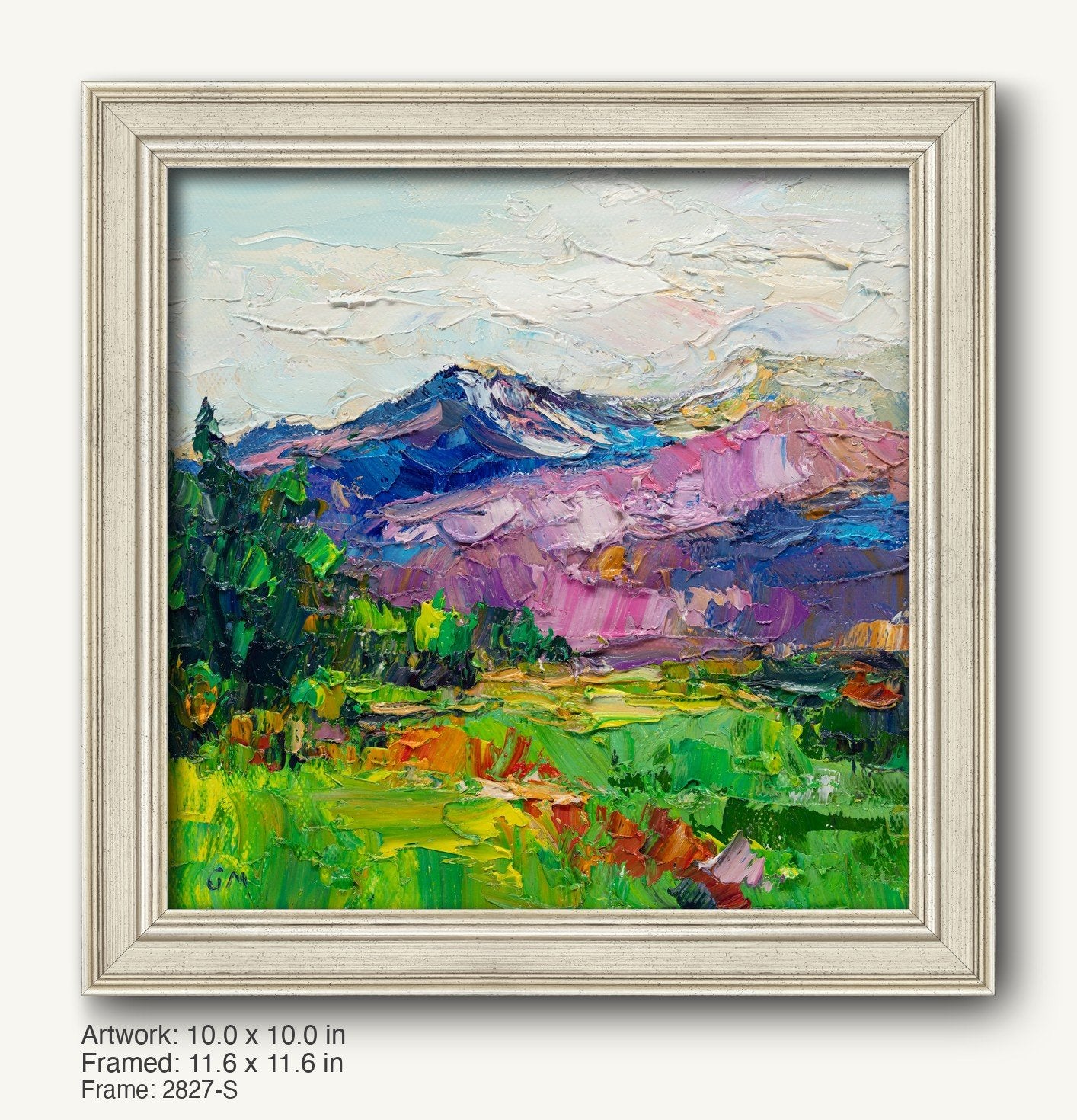 Expressive mountain landscape oil painting in a light gray classic frame, featuring vibrant green fields, purple mountains, and textured brushwork on canvas