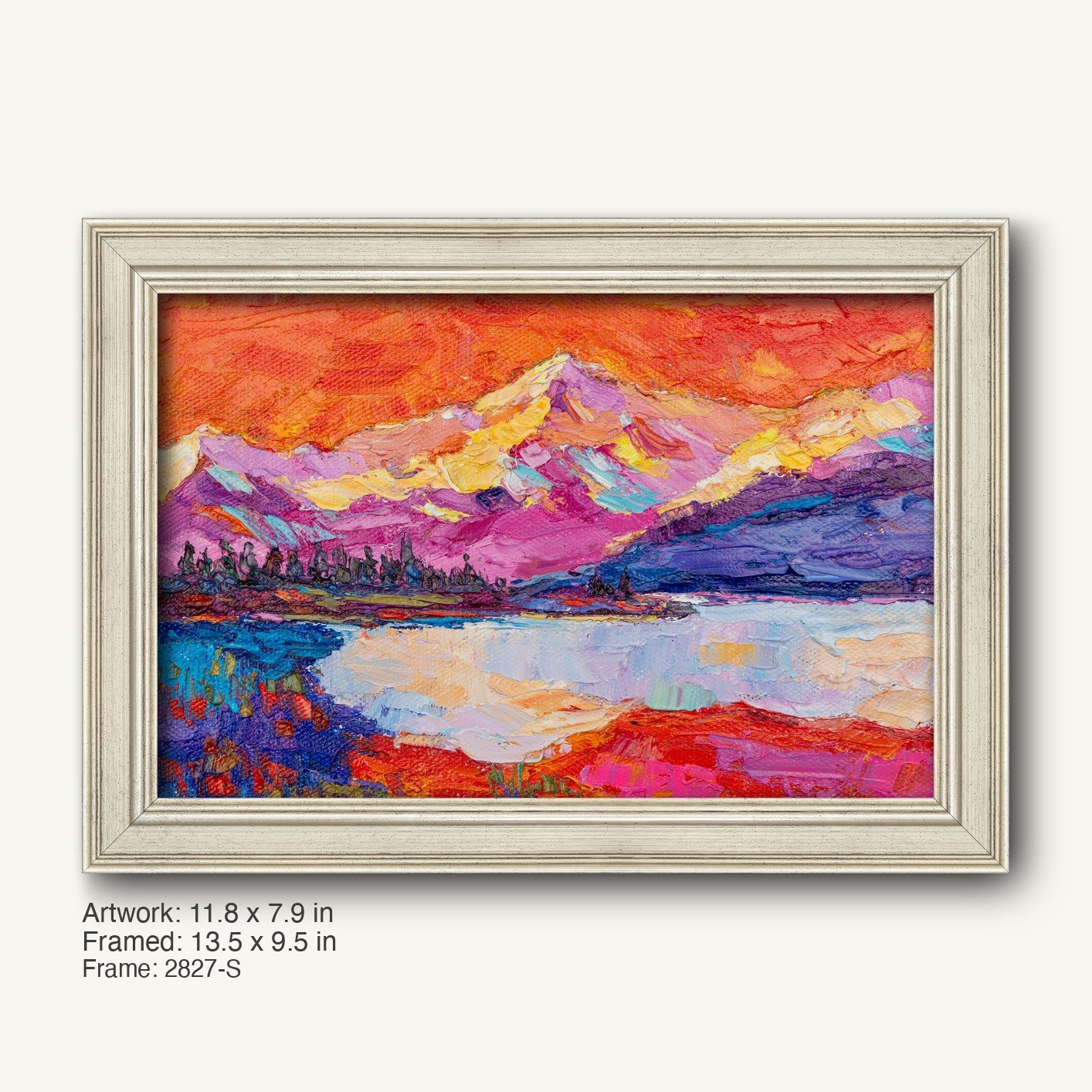 Hand-painted mountain sunset on canvas in a light gray, modern slim frame with subtle texture, showcasing vibrant red, purple, and blue hues in a horizontal landscape composition.