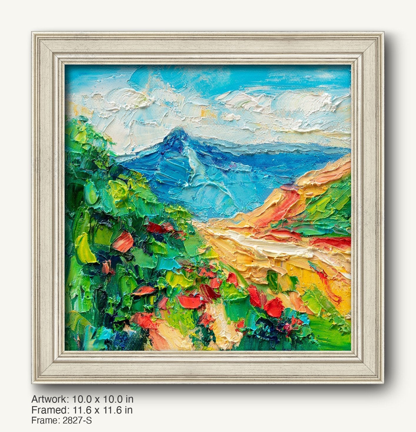 Abstract mountain landscape oil painting in a light gray classic frame, featuring vibrant blues, greens, and reds with textured brushwork on canvas