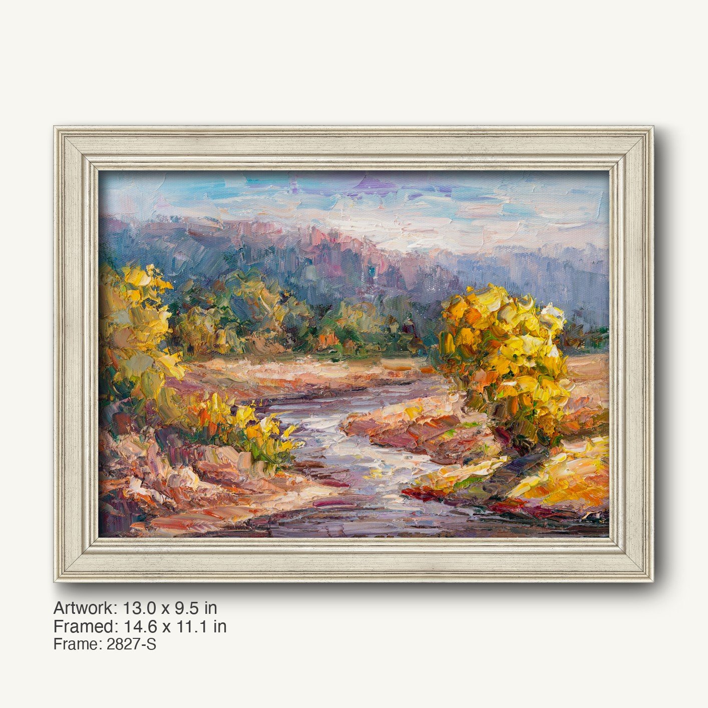 Impressionist river landscape oil painting in a white classic frame, featuring vibrant yellow foliage and flowing water against distant mountains