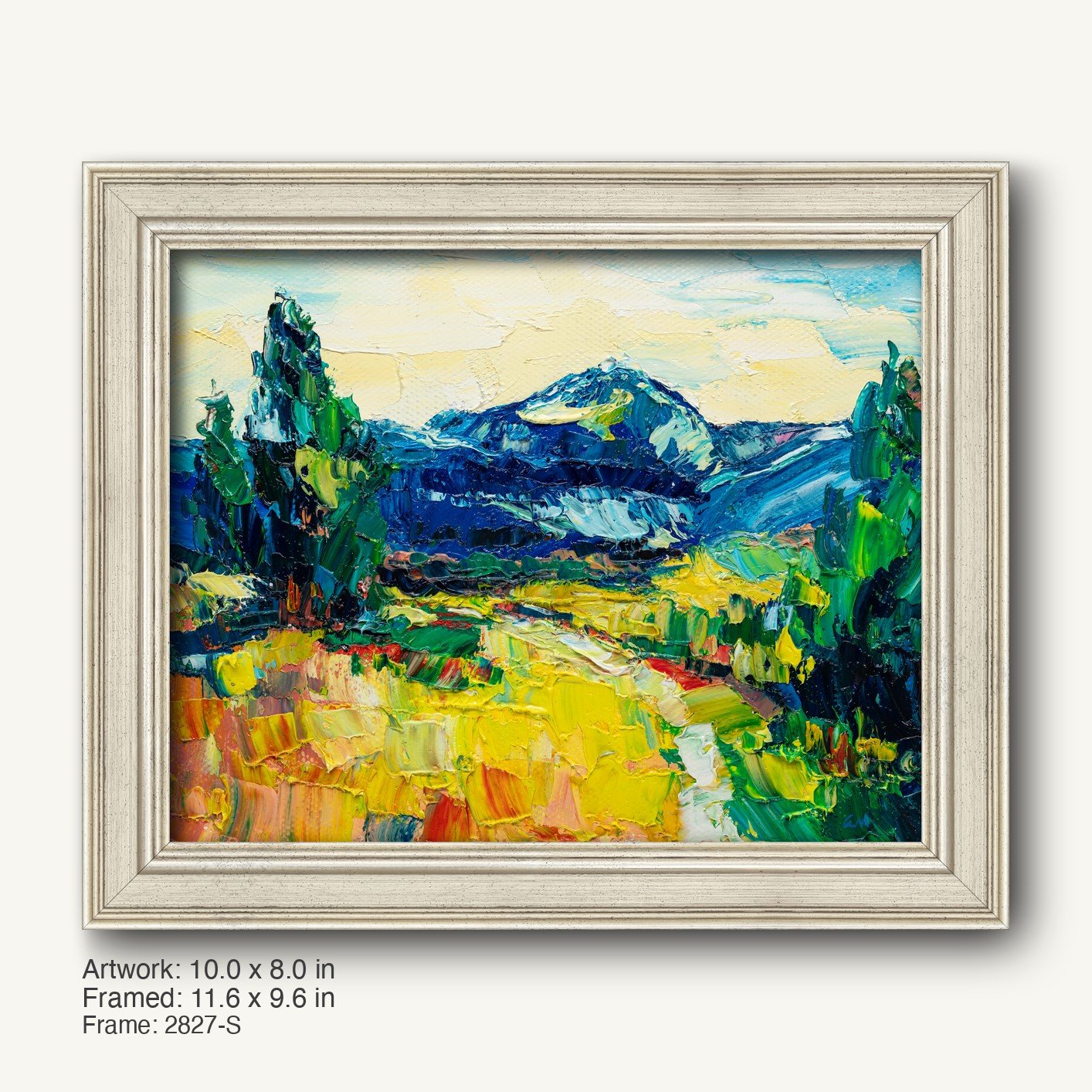 Vibrant mountain landscape oil painting in a light gray modern slim frame, featuring bold blues, greens, and yellows with textured brushwork on canvas