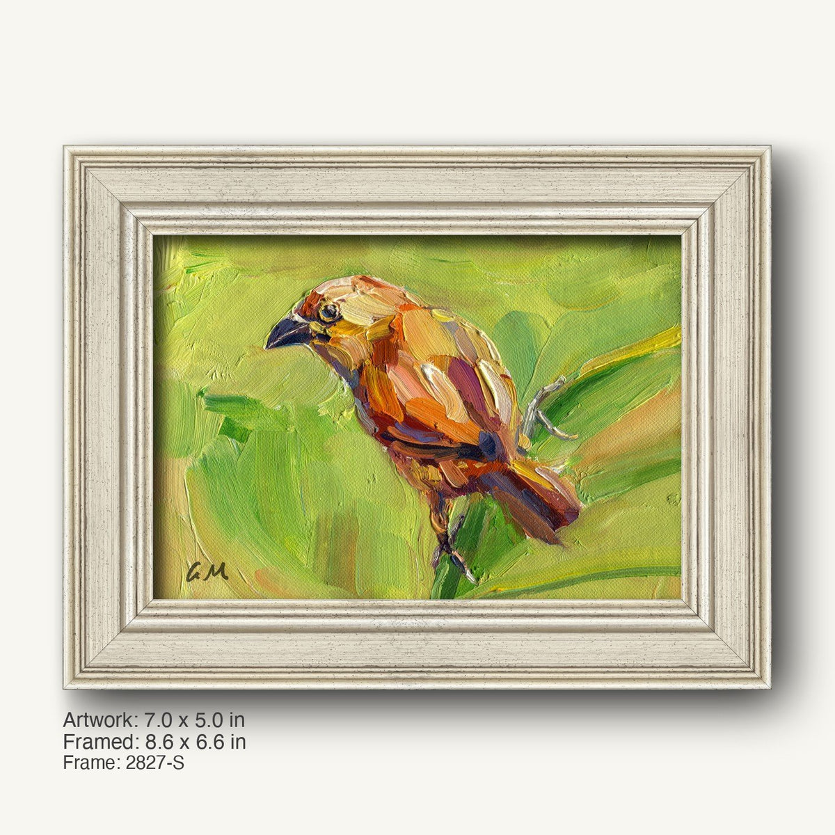 Oil painting of a bird perched on green foliage in a light gray, classic-style frame with subtle texture and beveled edges