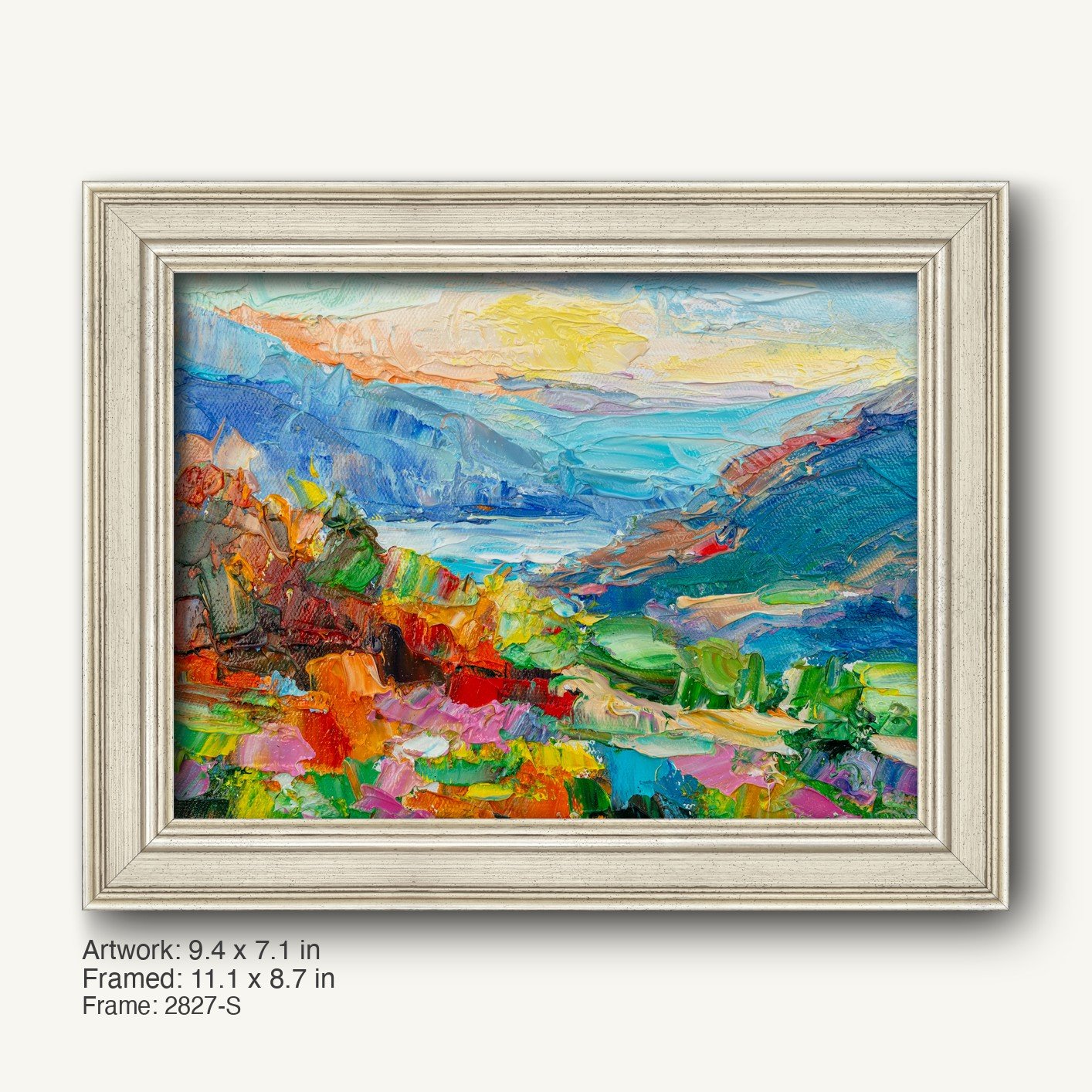 Vibrant mountain valley landscape oil painting in a light gray rustic frame, horizontal composition with textured brushwork and bold colors