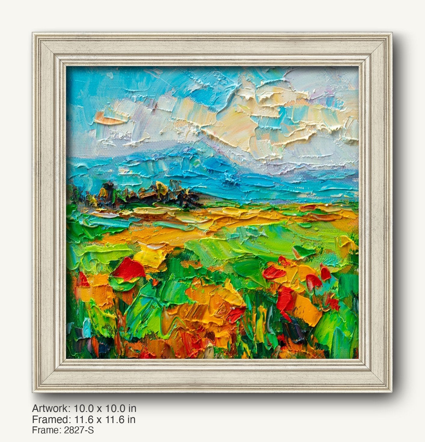 Textured oil painting of a vibrant poppy field under a dynamic sky, framed in a light gray classic frame with subtle wood grain texture
