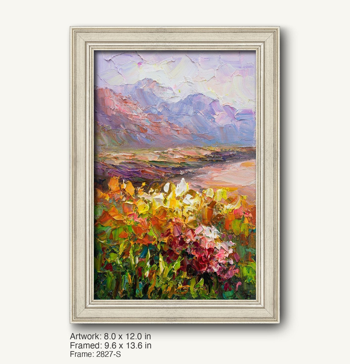 Vertical oil painting of a floral field at dusk with vibrant flowers and distant mountains, framed in a light gray classic frame with subtle texture and beveled edges