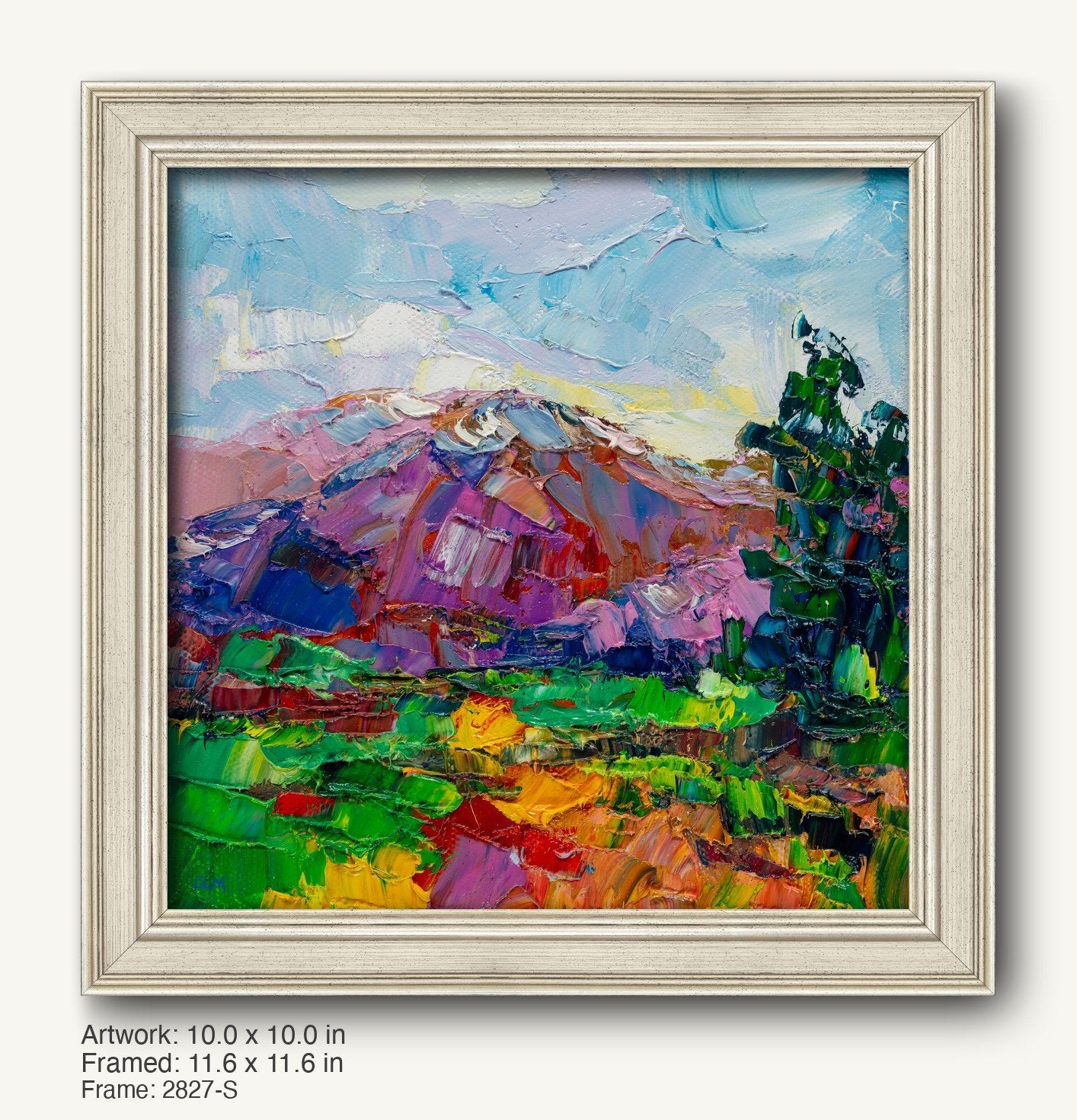 Vibrant autumn mountain landscape painting in a light gray classic frame, featuring bold expressionist brushstrokes and rich hues of green, purple, and blue