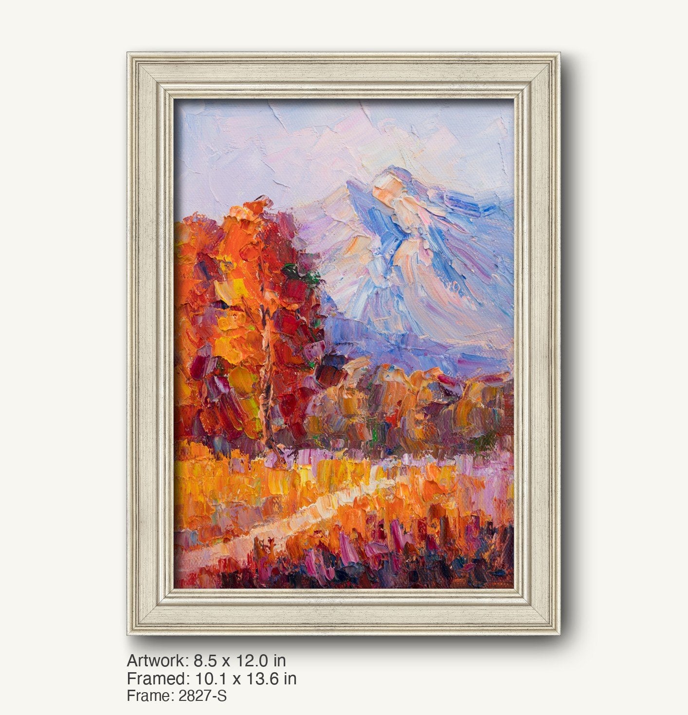 Vertical oil painting of autumn mountain landscape in warm orange, red, and blue tones, displayed in a light gray classic frame with subtle texture and modern slim profile
