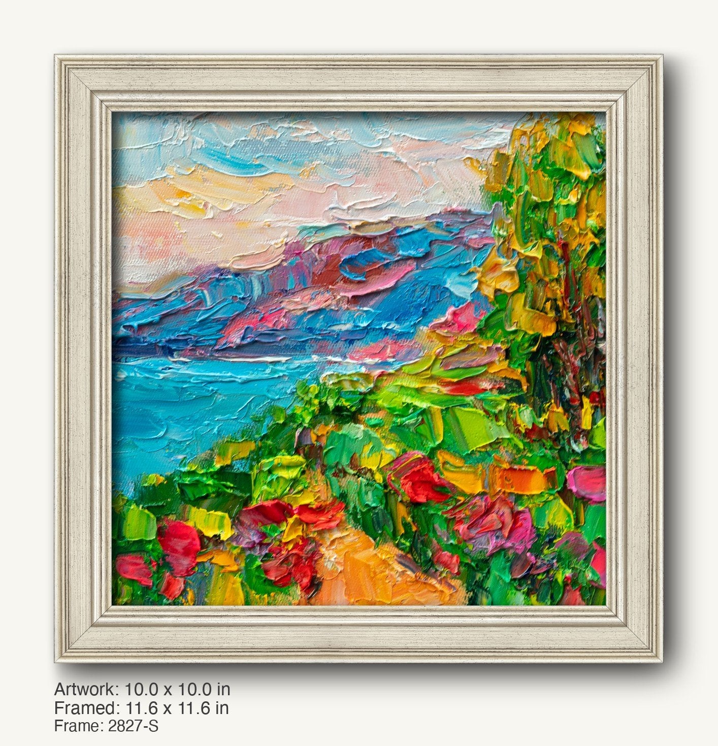 Vibrant coastal garden landscape painting in a light gray, classic-profile frame with textured finish, showcasing thick impasto oil brushwork and bold colors.