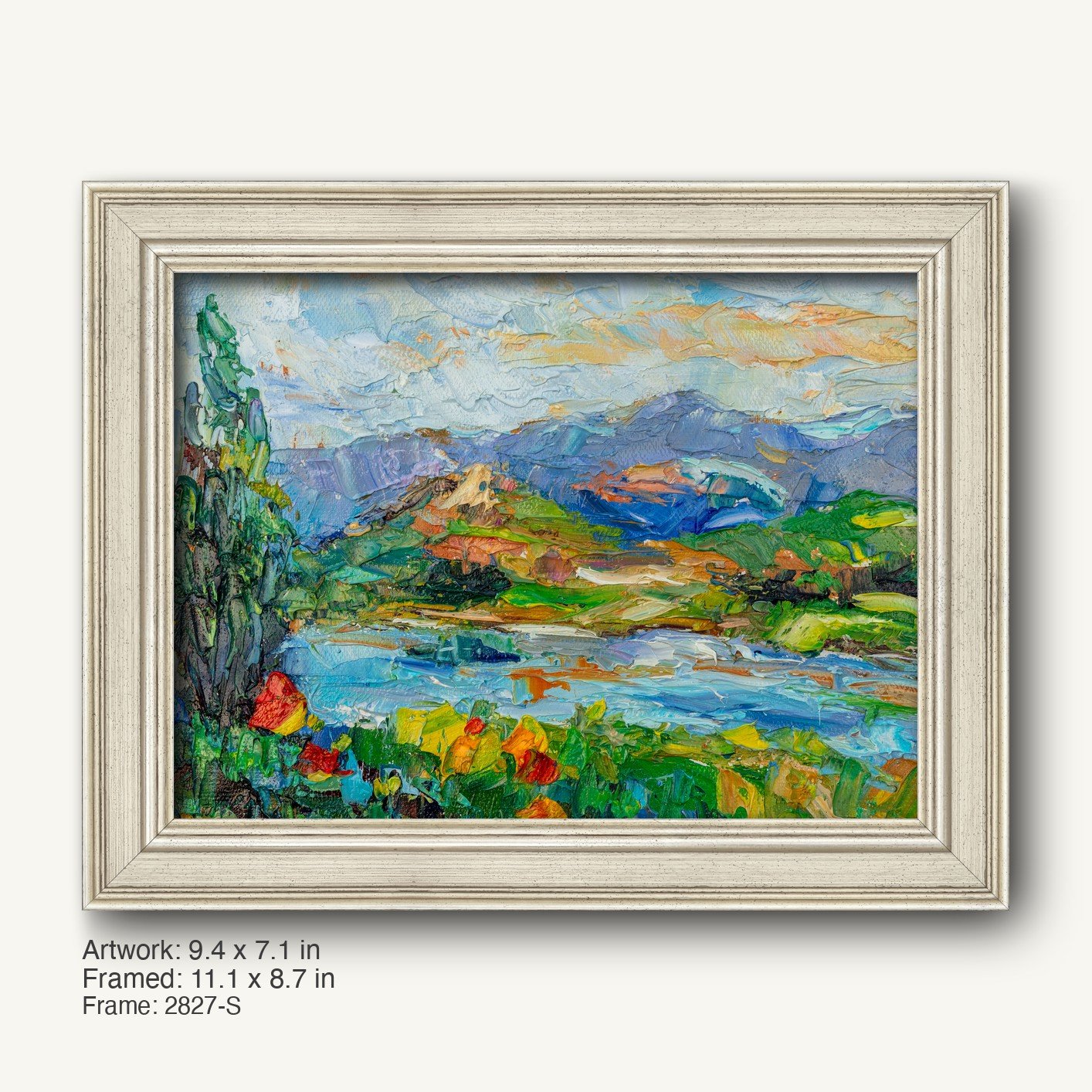 Impasto oil painting of a mountain river landscape in a white rustic frame, featuring textured brushwork and vibrant blues, greens, and yellows