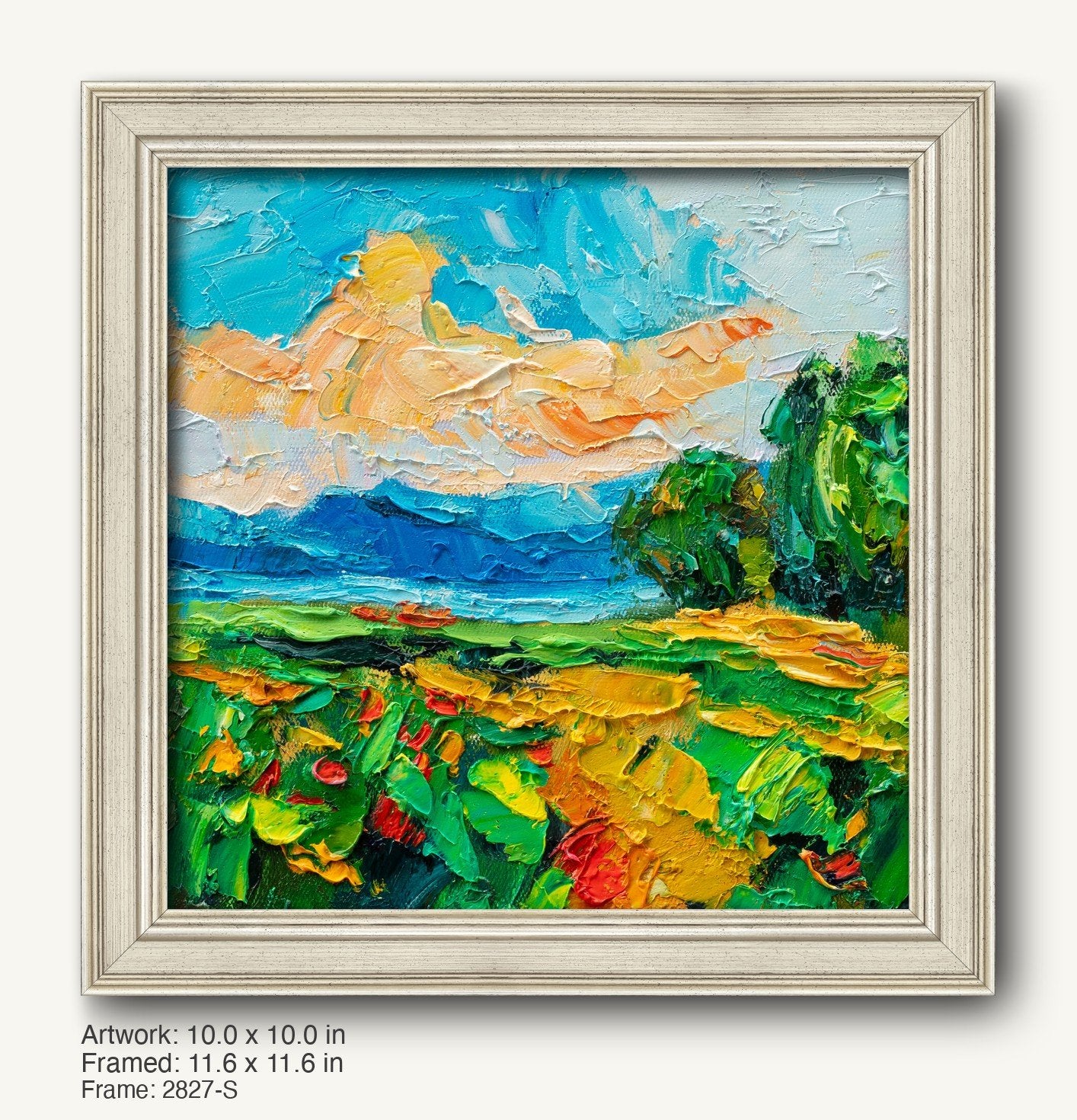 Impasto floral field sunset painting in a light gray classic frame, vibrant colors and textured brushwork on canvas