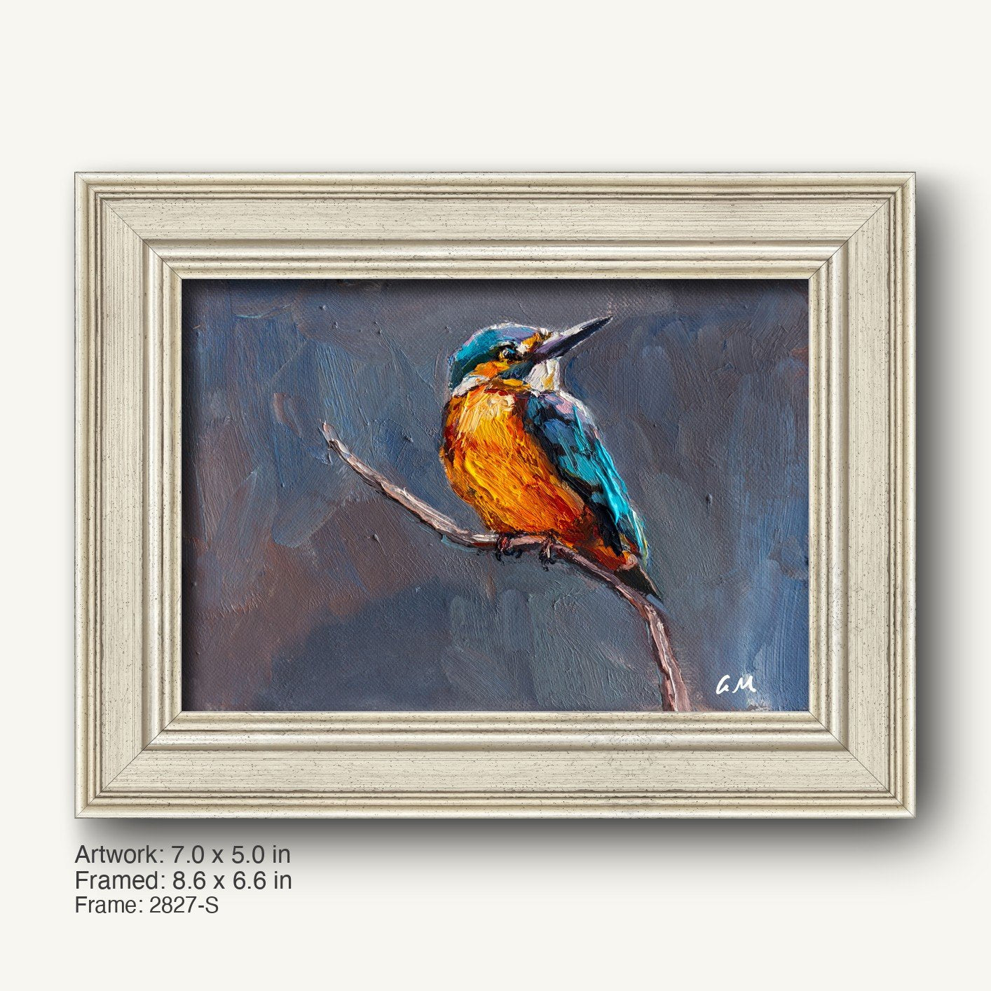 Hand-painted kingfisher perched on a branch, vibrant blue and orange plumage against a dark textured background, displayed in a light gray classic frame with subtle wood grain texture