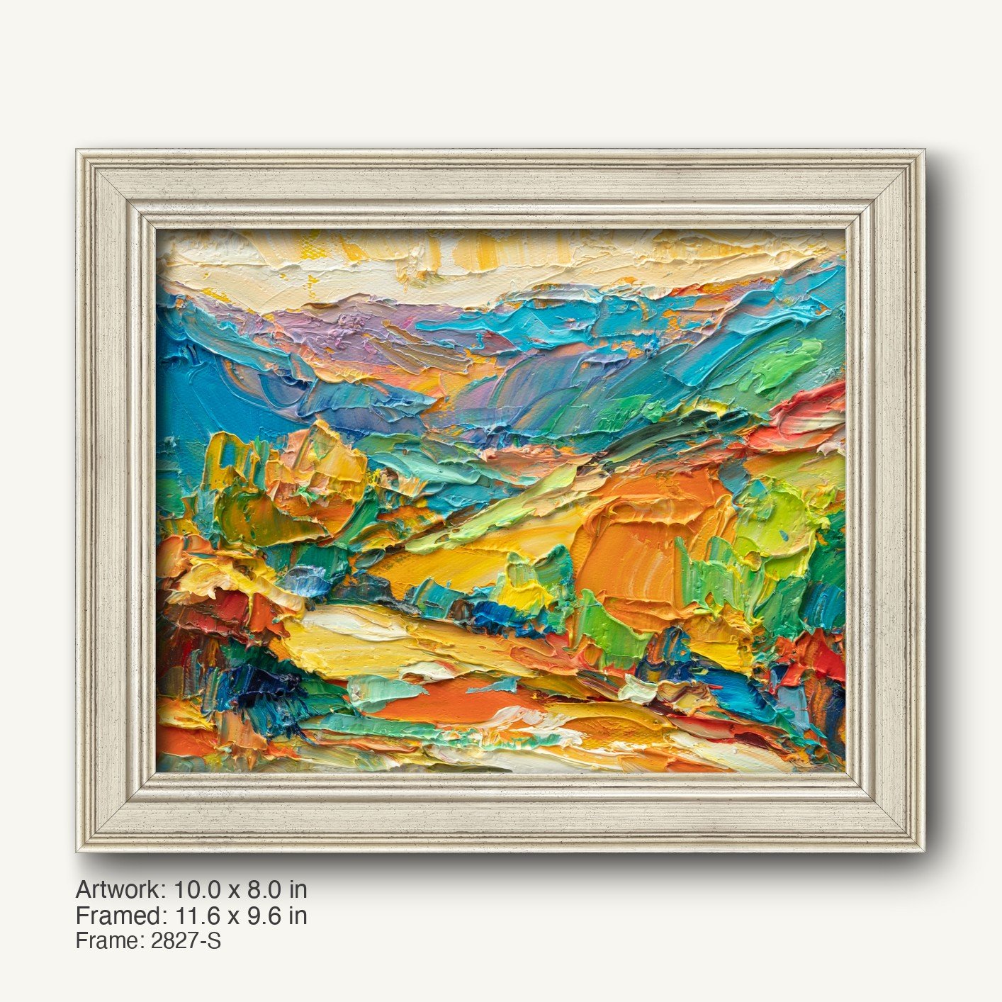 Hand-painted abstract landscape in a cool silver modern slim frame, featuring vibrant textured oil paint in blues, greens, oranges, and yellows on canvas