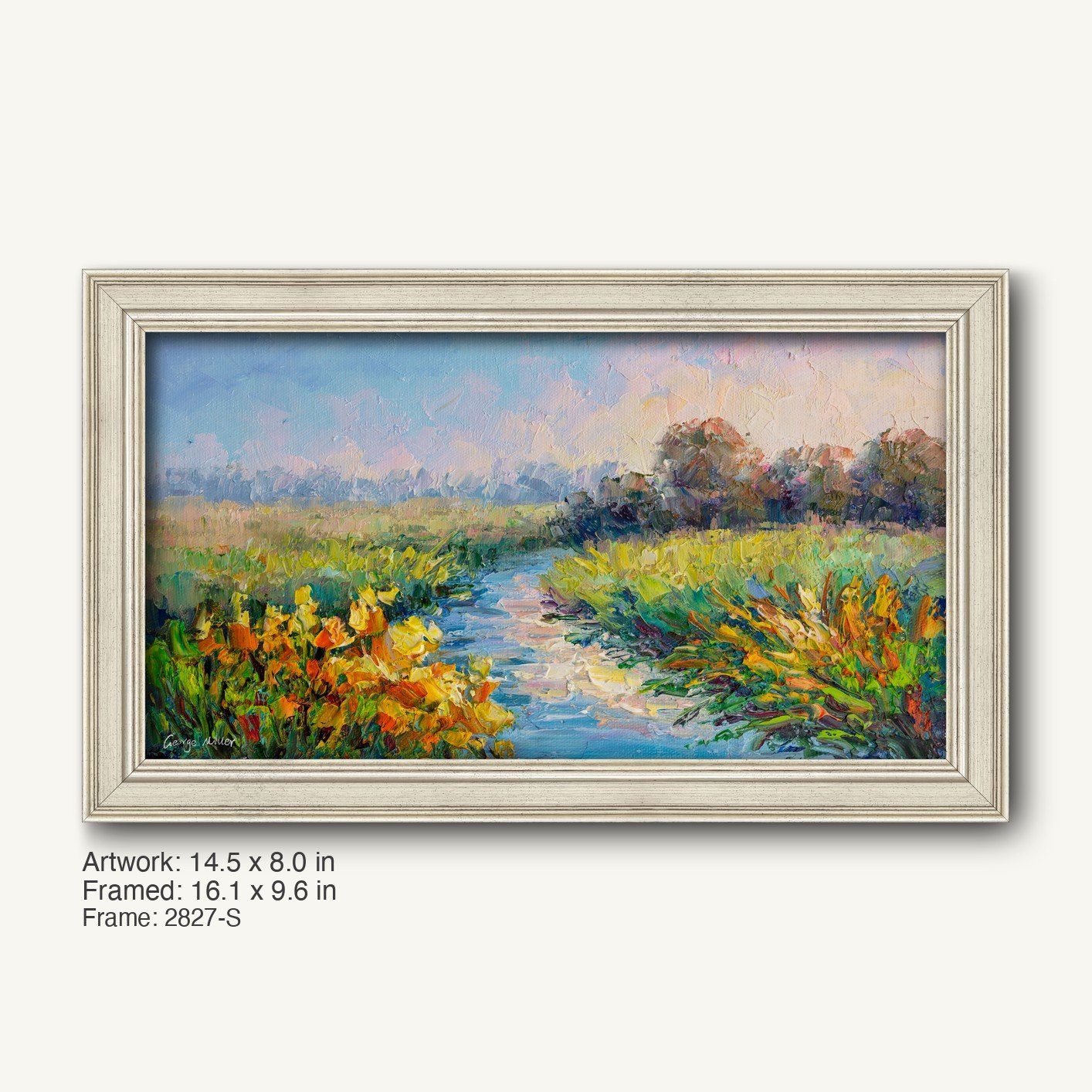 Hand-painted stream landscape in a light gray ornate frame, featuring vibrant blue water, yellow flowers, and green meadows under a soft sky