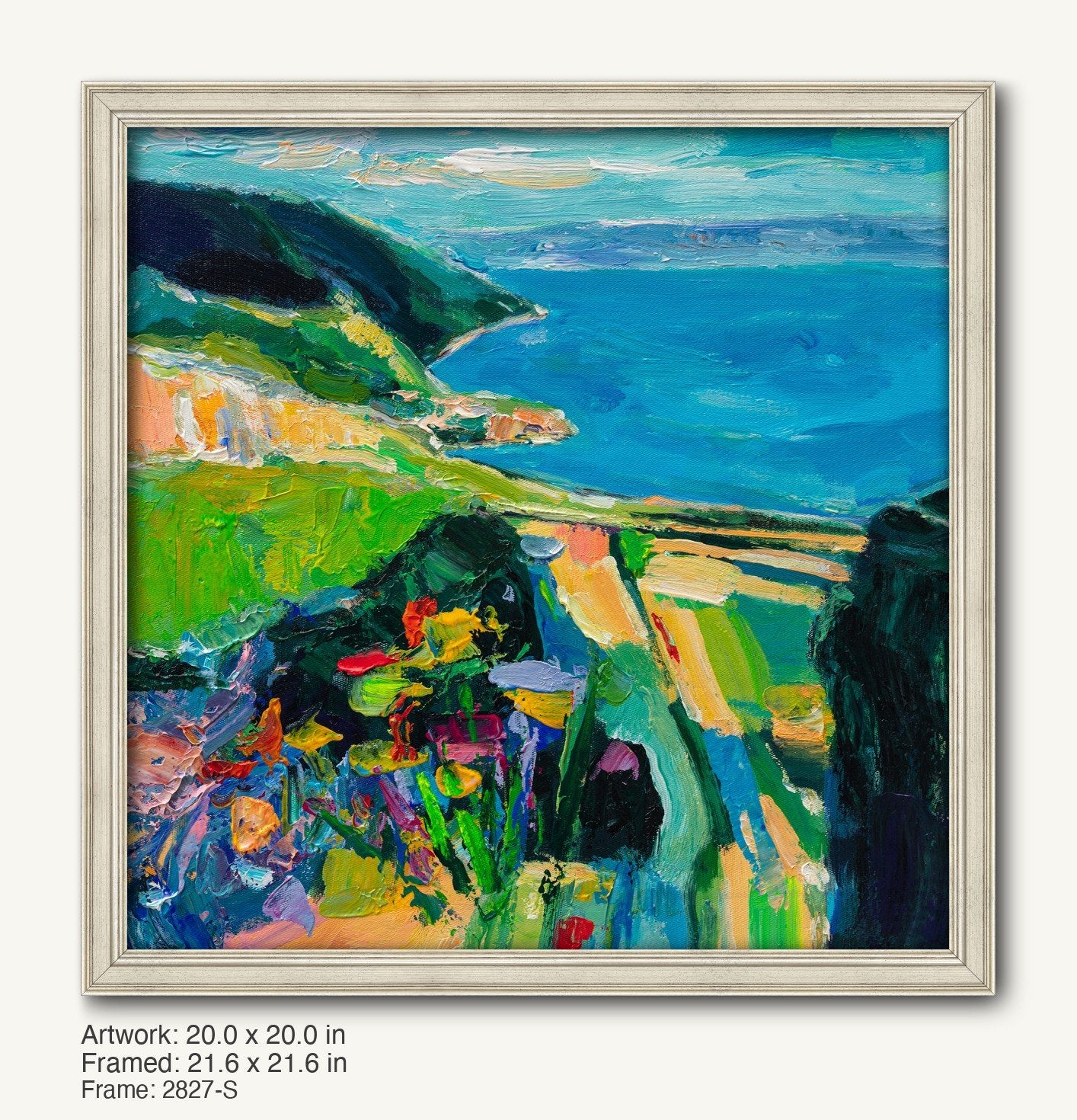 Impasto coastal landscape painting in a silver-toned classic frame, featuring vibrant blues, greens, and yellows with textured brushwork and a scenic view of cliffs and sea