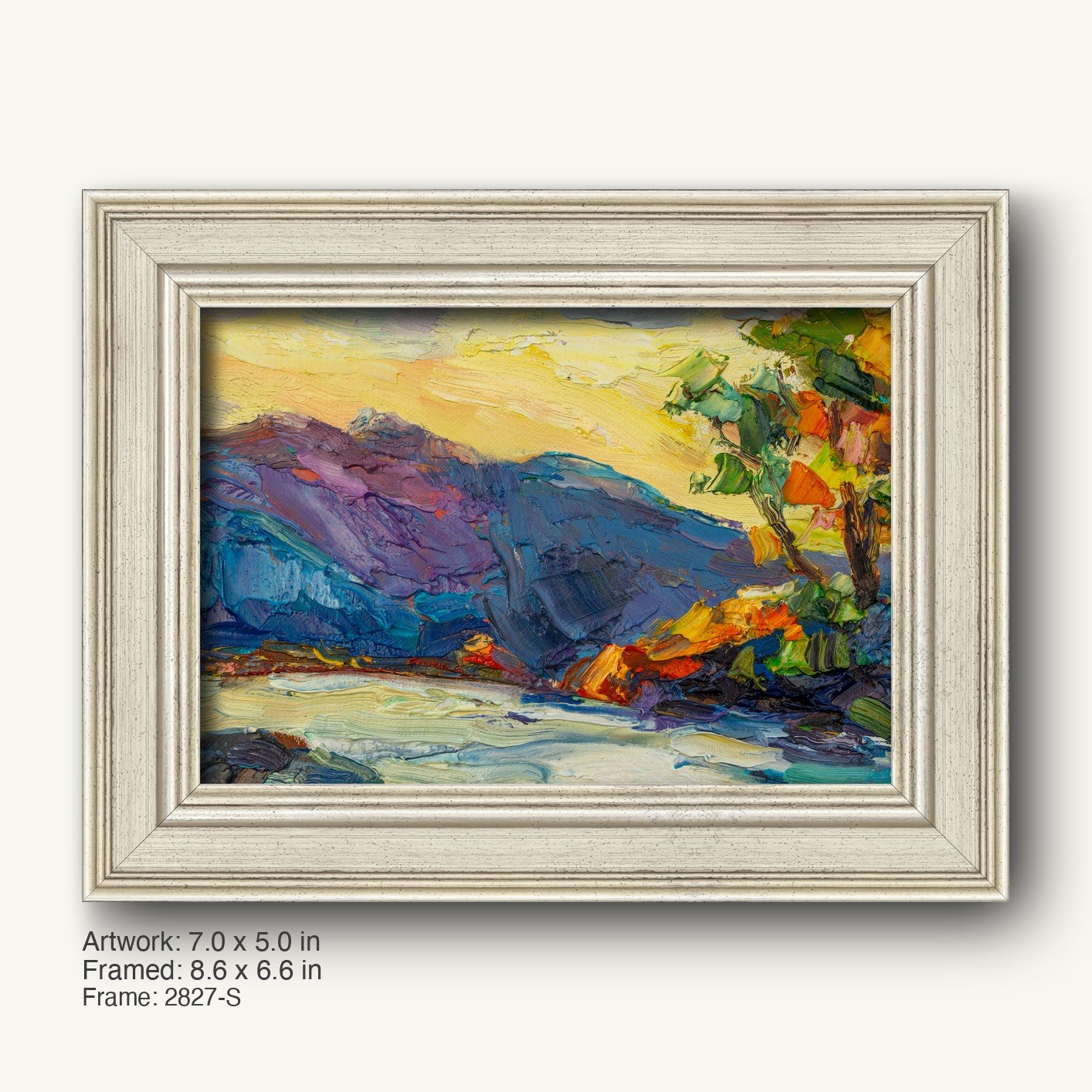 Palette Knife Mountain Vista by George Miller in a white textured frame with classic profile, showcasing vibrant abstract landscape with blue, purple, and yellow hues on canvas