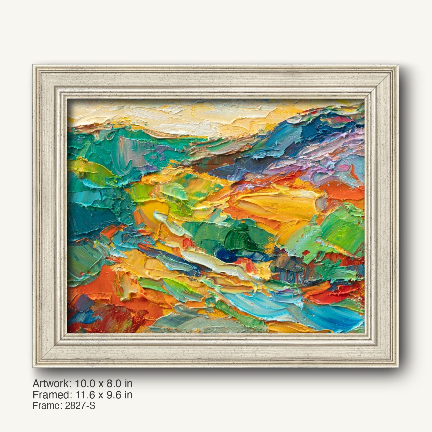 Abstract landscape oil painting with vibrant impasto texture in a cool silver classic frame, horizontal composition on canvas
