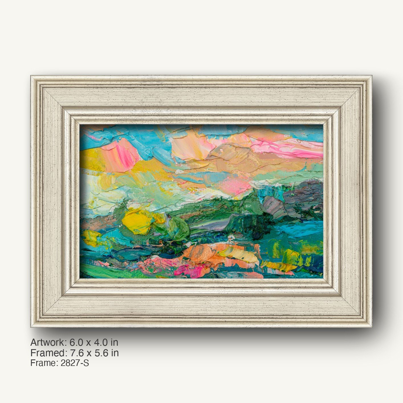 Hand-painted abstract landscape in a white textured frame, featuring vibrant blues, greens, and yellows on canvas, displayed horizontally with a classic profile