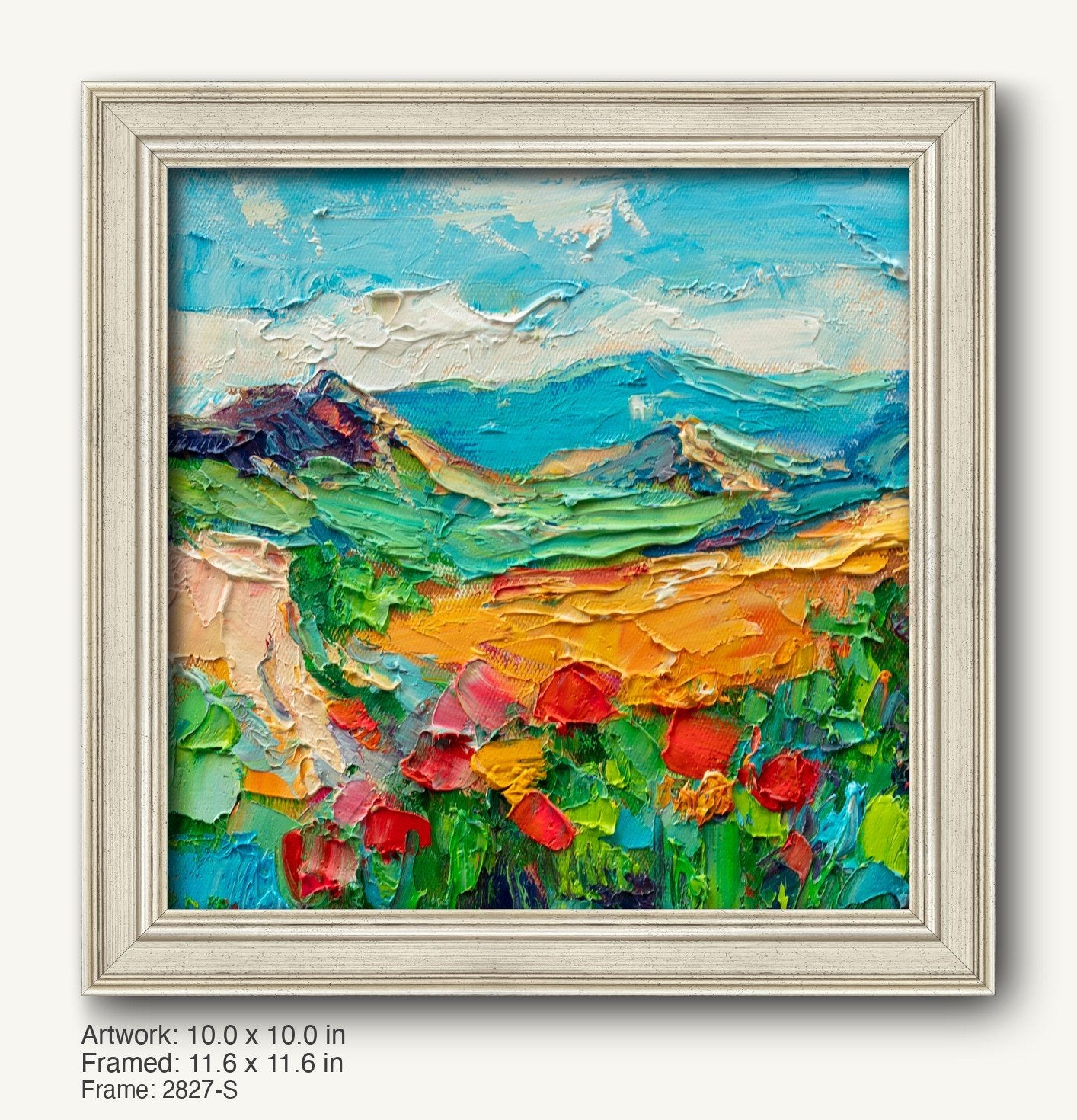 Vibrant impasto landscape painting of mountain meadow with red poppies, framed in a light gray classic profile frame, showcasing textured oil brushwork and bold colors.