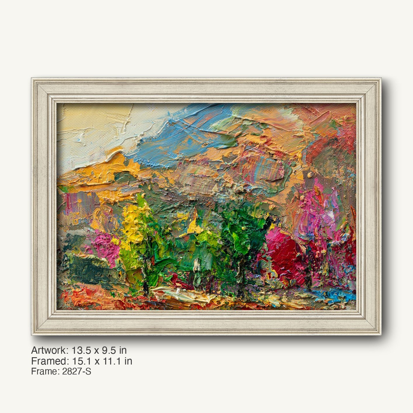 Vibrant abstract landscape painting with thick impasto oil texture in warm gold frame, featuring green, yellow, and red hues on canvas, displayed horizontally