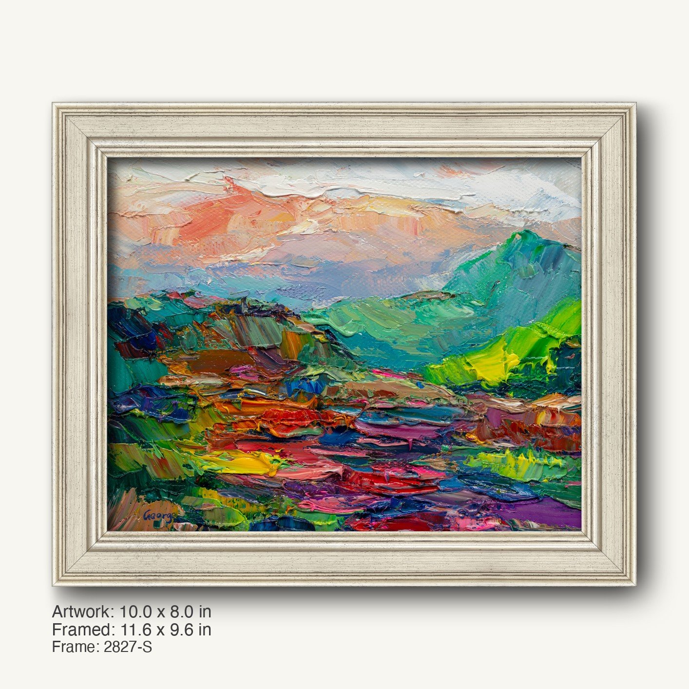 Vibrant expressionist mountain landscape painting in a modern slim silver frame, featuring bold greens, blues, and reds on canvas with visible texture and artist signature