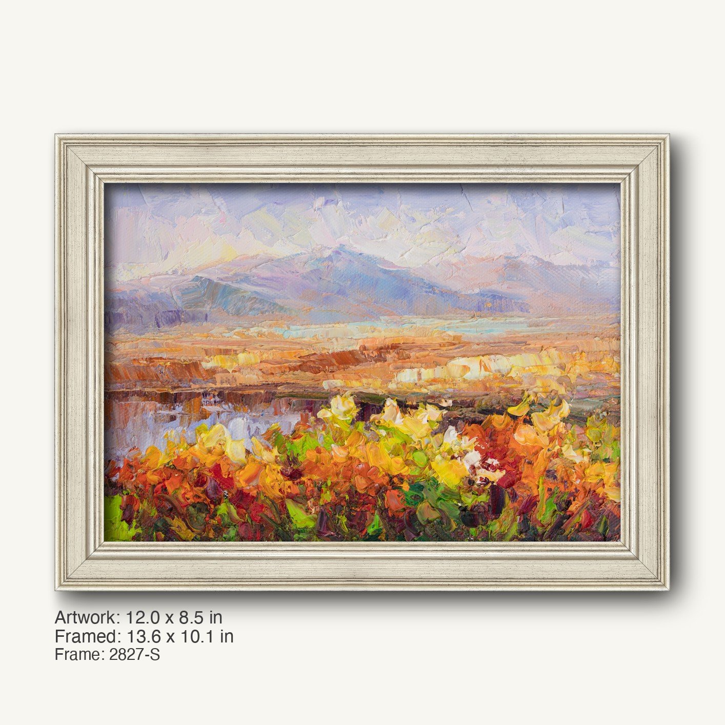 Sunset Desert Bloom oil painting in a modern slim white frame, featuring vibrant floral foreground and distant mountains under a soft sky