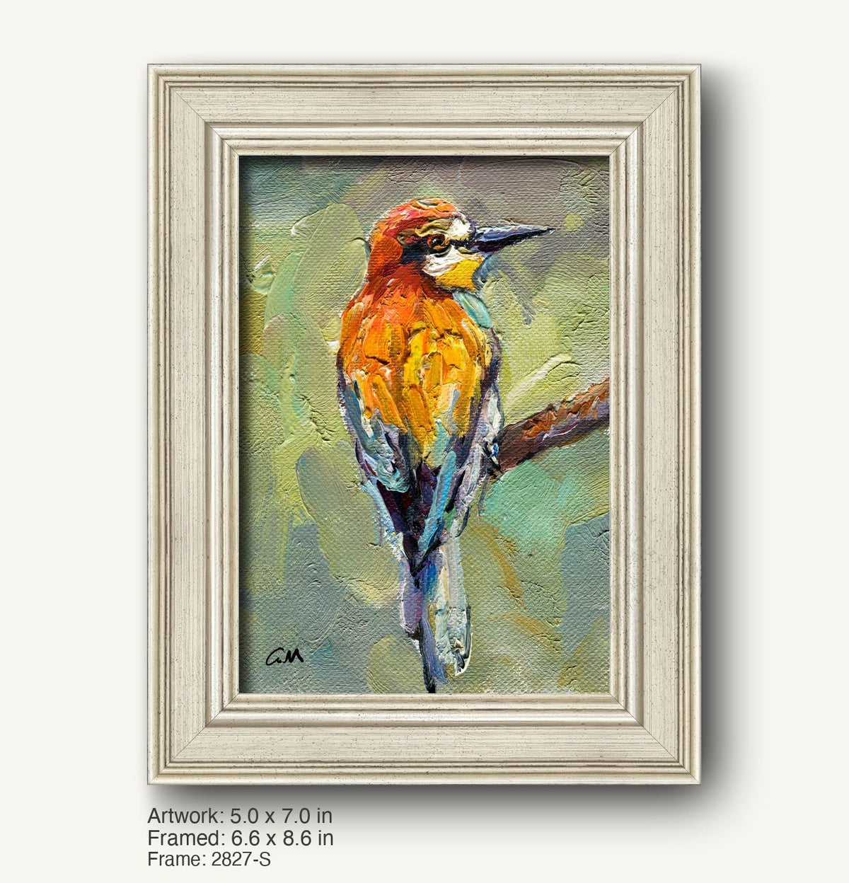 Vibrant oil painting of a woodpecker in warm orange, yellow, and green hues, framed in a light gray, classic-profile wooden frame with subtle texture and beveled edges.