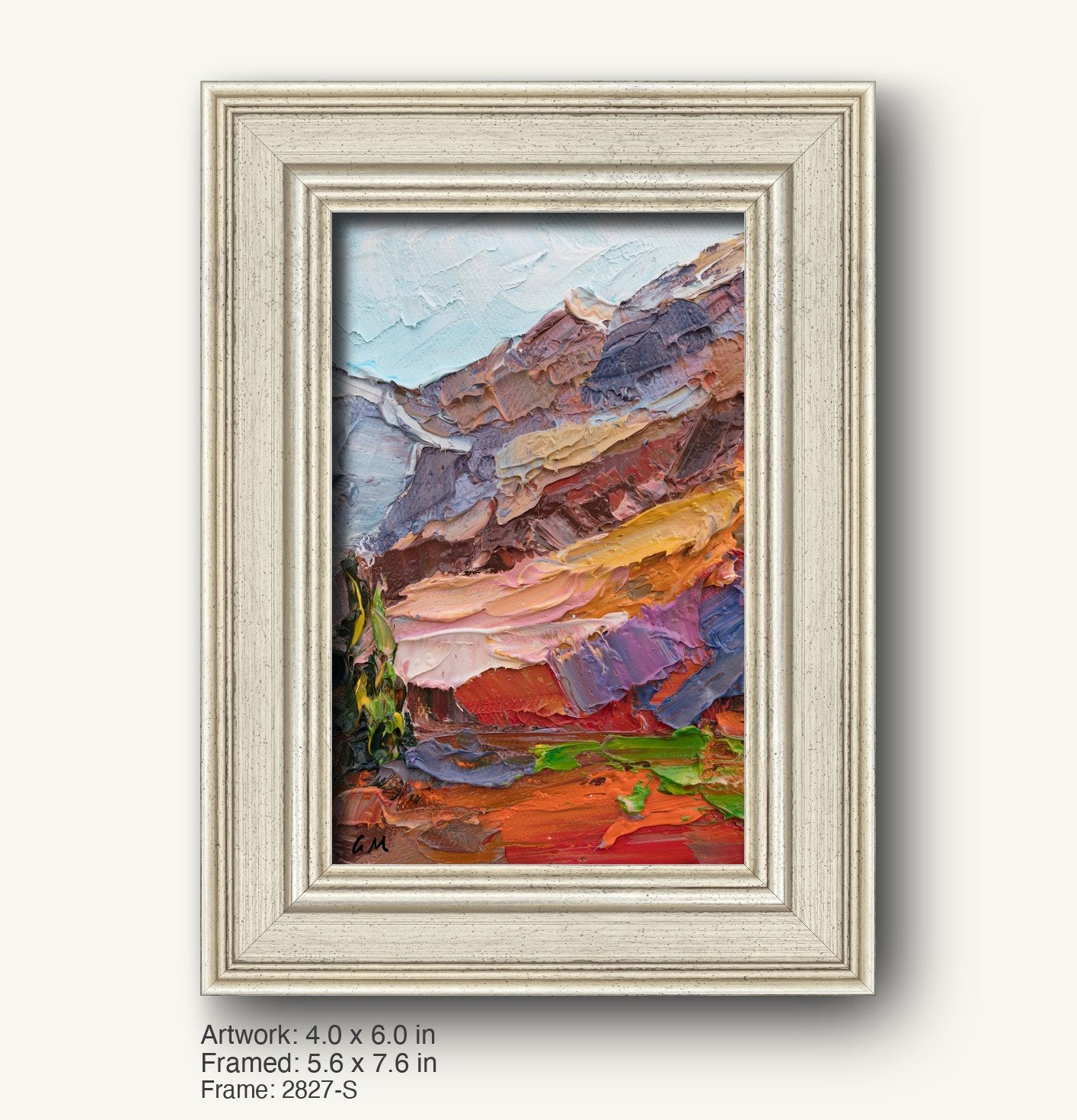 Vertical oil painting of a vibrant canyon landscape in warm reds, oranges, and blues, framed in a textured off-white classic frame with subtle beveling