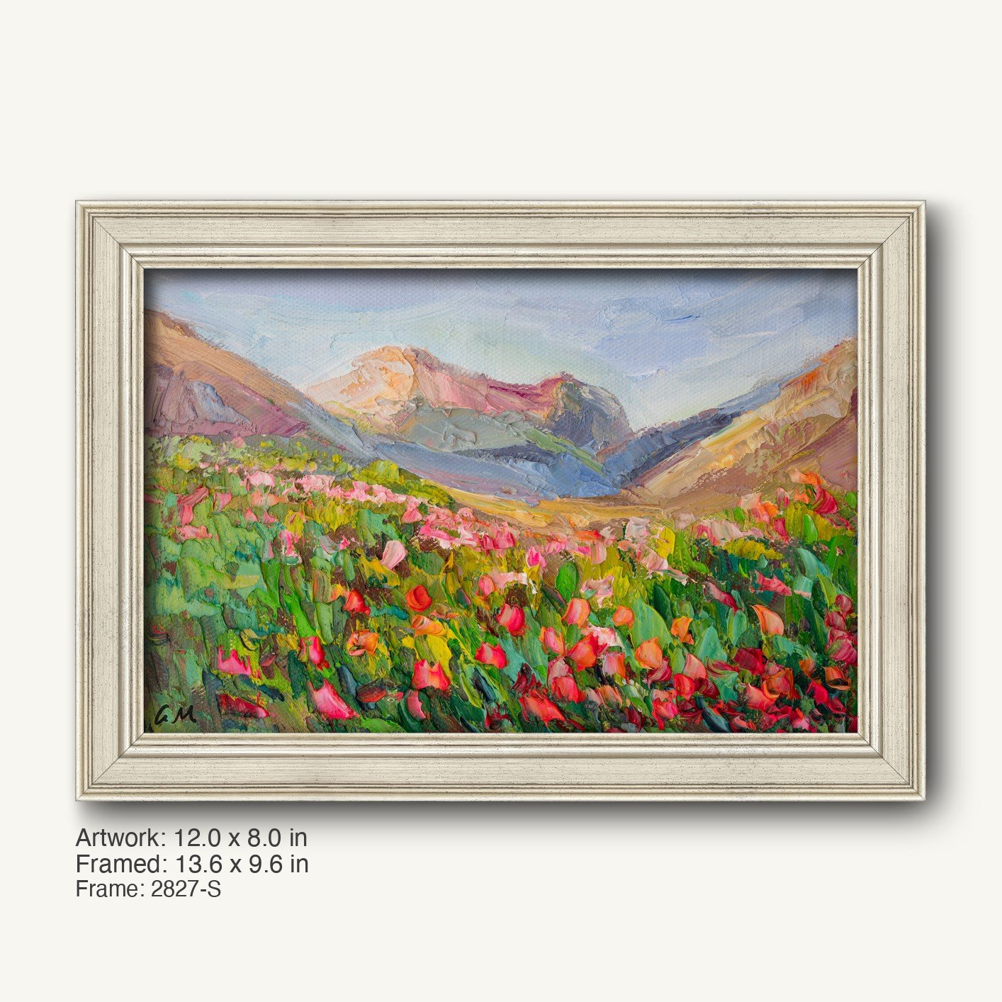 Hand-painted poppy meadow landscape in a white-washed wooden frame, featuring vibrant red and pink flowers against distant mountains, signed by artist
