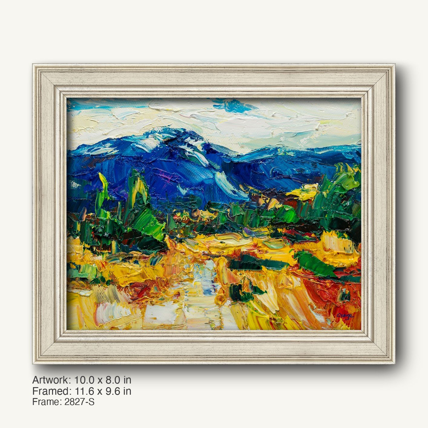 Palette knife oil painting of a vibrant mountain landscape with bold blues, greens, and yellows, displayed in a white-washed wooden frame with a classic profile