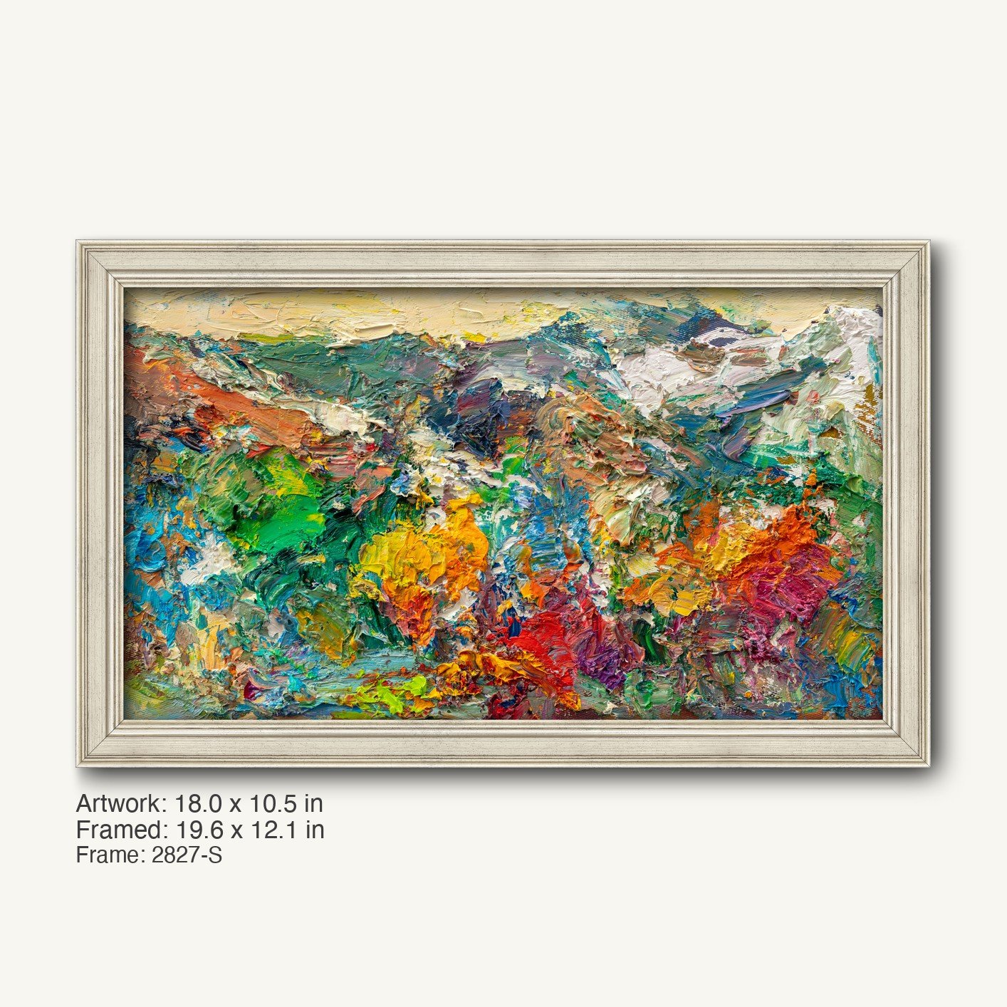 Hand-painted abstract landscape in a light gray modern slim frame, featuring vibrant textured oil paint in greens, reds, yellows, and blues on canvas