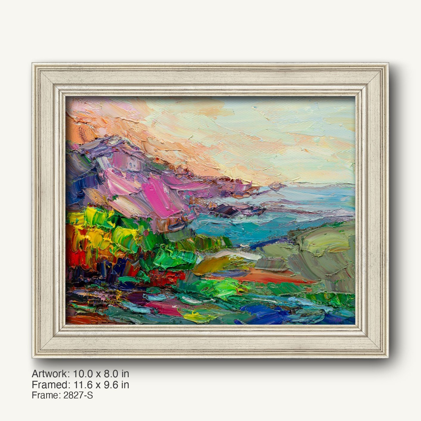 Abstract coastal landscape oil painting in a white distressed wood frame, horizontal composition with vibrant blues, greens, and pinks, textured brushwork visible