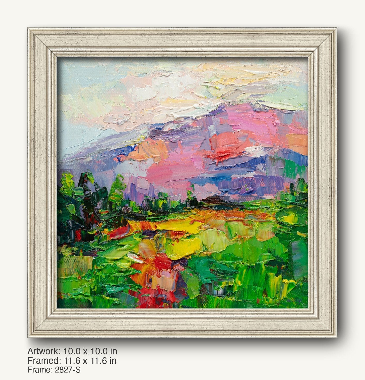 Vibrant impasto landscape painting of a mountain sunset in a light gray classic frame, featuring bold greens, pinks, and blues with textured brushwork