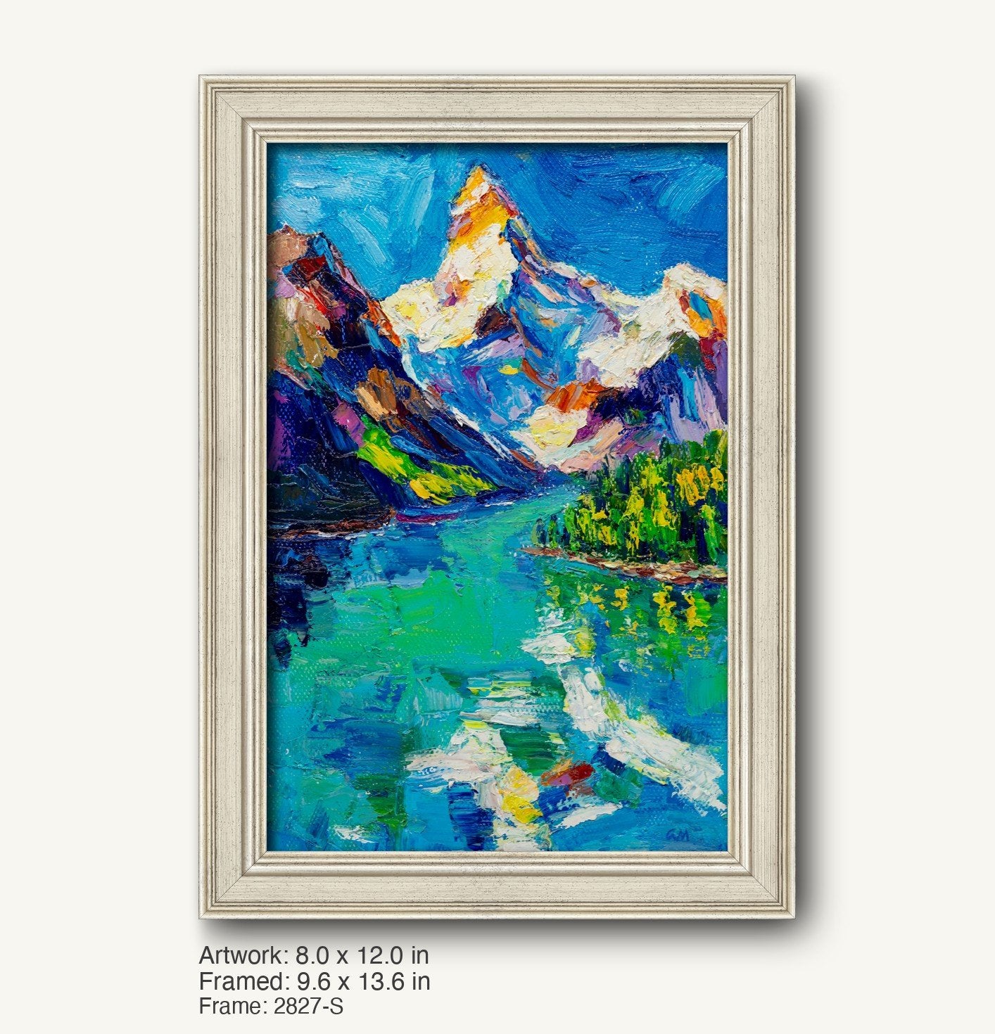 Hand-painted Alpine lake landscape in a light gray, classic-profile frame with subtle texture, showcasing vibrant blues, greens, and whites in an expressive oil painting on canvas.