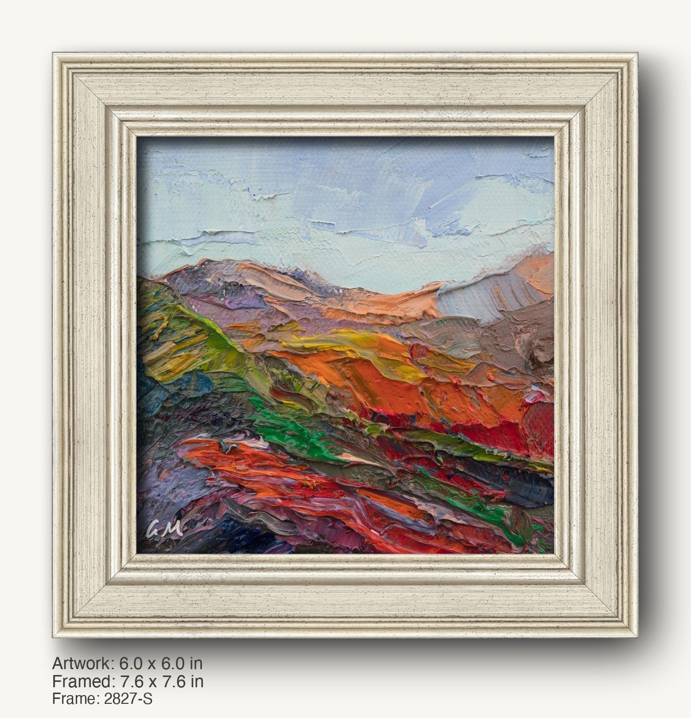 Vibrant impasto mountain landscape in warm gold frame, rich textures and bold colors, abstract expressionist style, initialed by artist