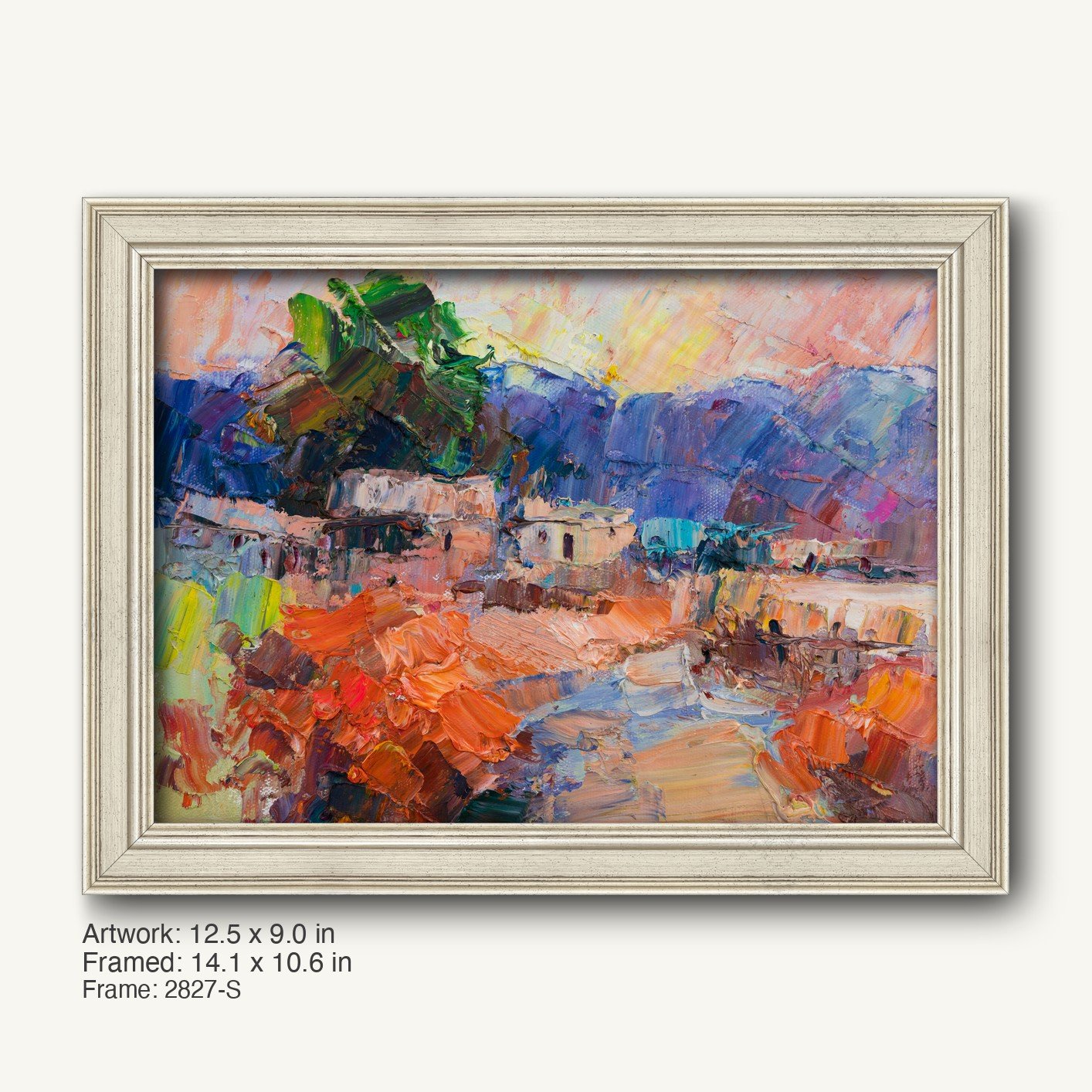 Warm sunset over a village landscape in expressive oil painting, framed in a classic white wooden frame with subtle texture and modern slim profile