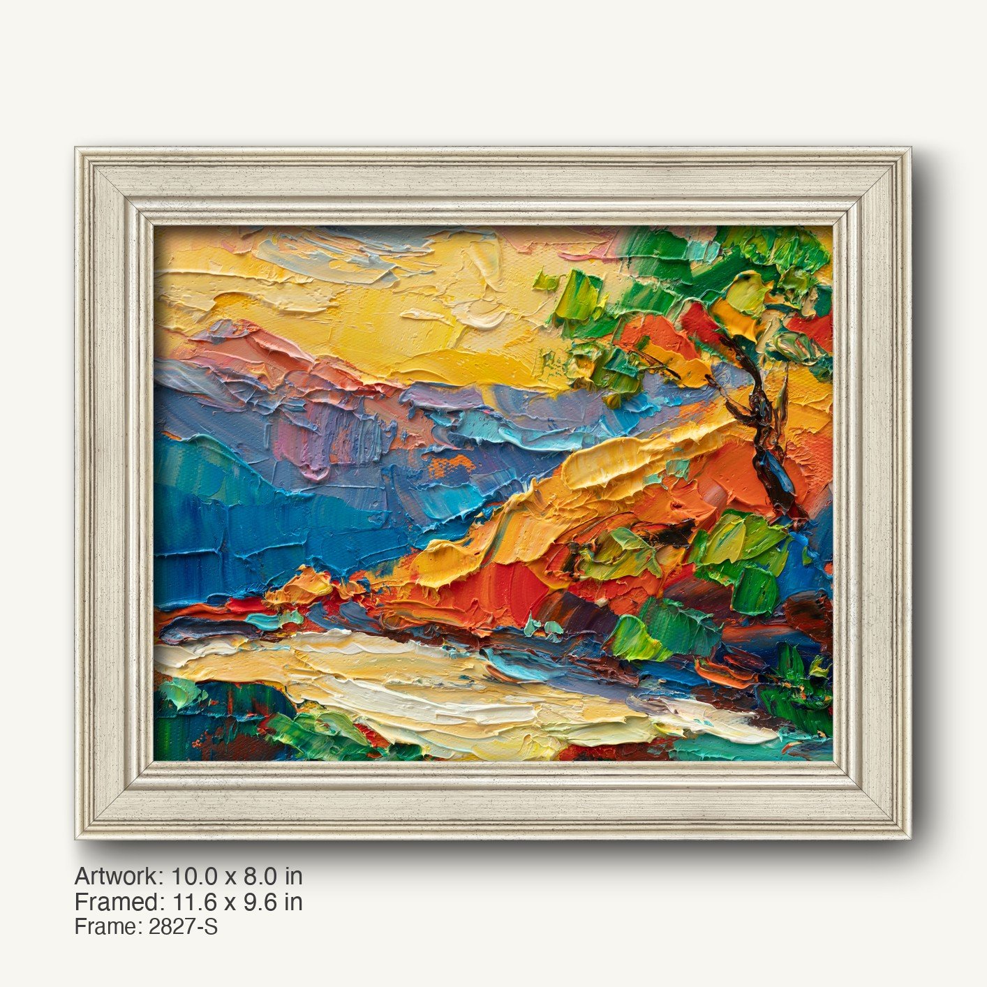 Expressive landscape oil painting by George Miller in a cool silver, modern slim frame with textured finish, showcasing bold colors and thick impasto brushwork on canvas