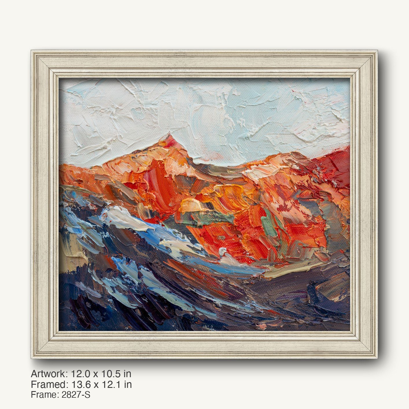 Abstract mountain landscape oil painting in a white-washed wooden frame with textured brushwork and vibrant red, blue, and white hues