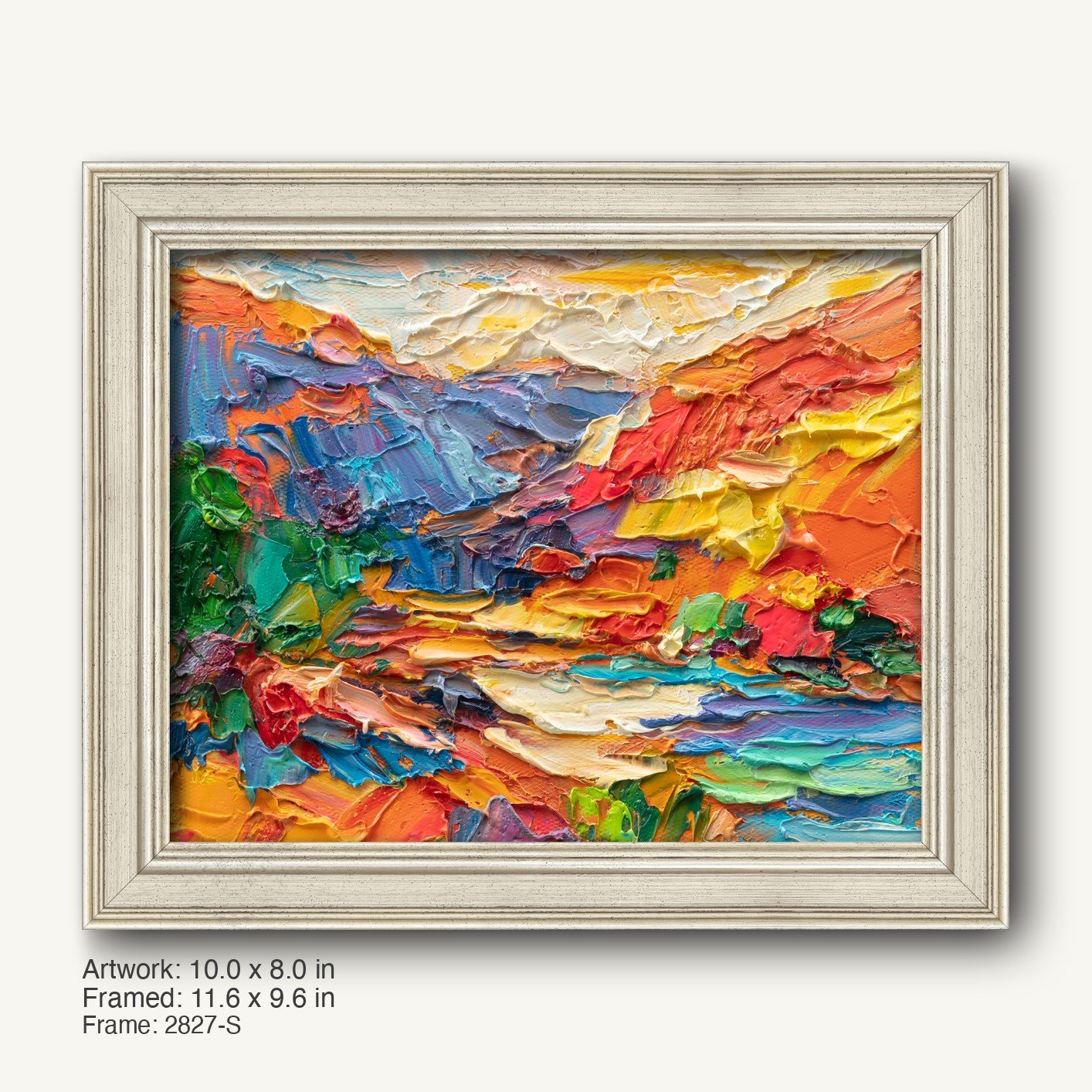 Vibrant impasto sunset landscape in a modern slim silver frame, featuring bold strokes of orange, red, blue, and green on canvas, displayed horizontally.