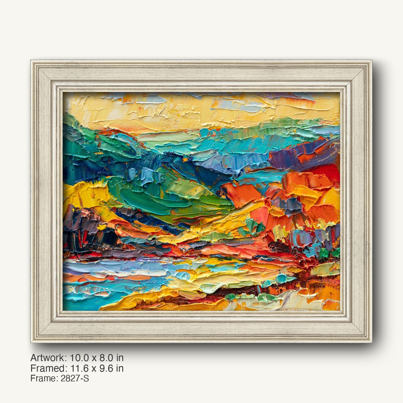 Vibrant abstract landscape painting in a modern slim silver frame, featuring bold strokes of blue, green, yellow, red, and orange on canvas, displayed against a neutral background.