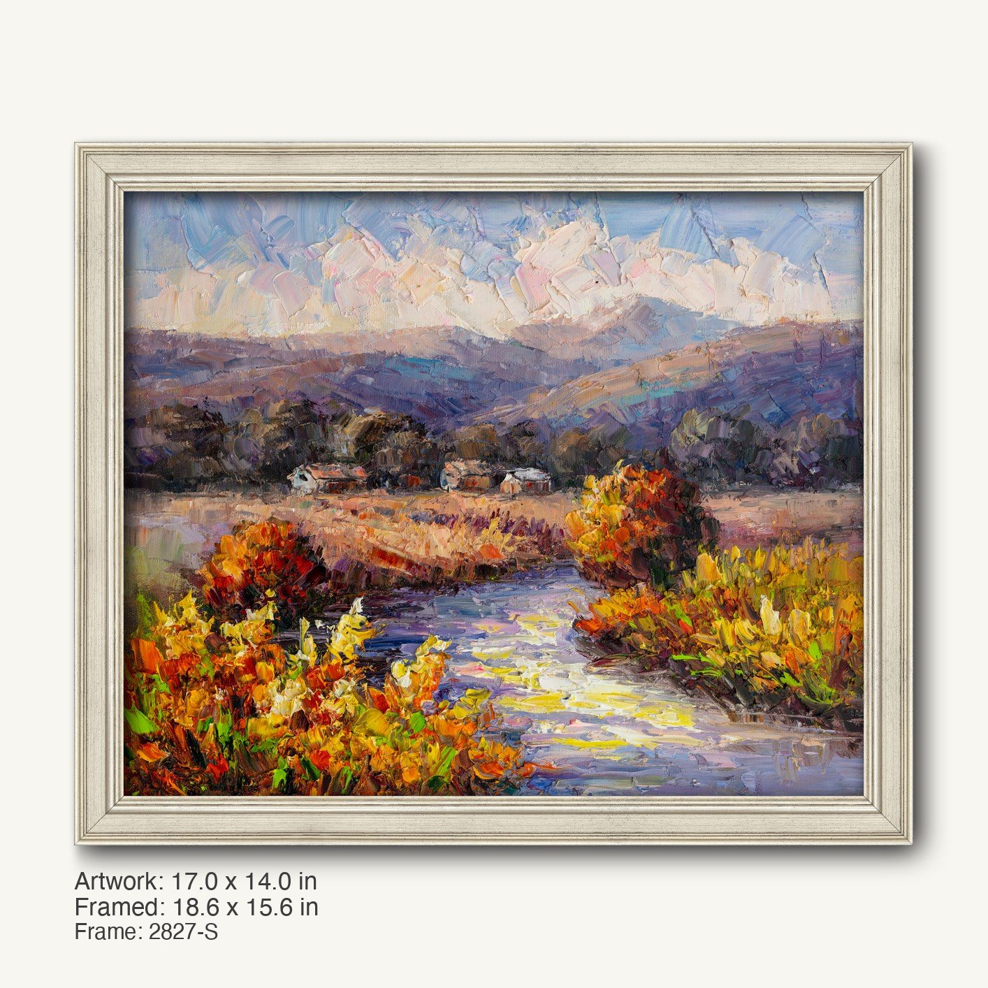 Serene autumn river scene in oil on canvas, framed in a classic silver-toned frame with subtle texture and modern slim profile, showcasing vibrant fall colors and soft landscape.