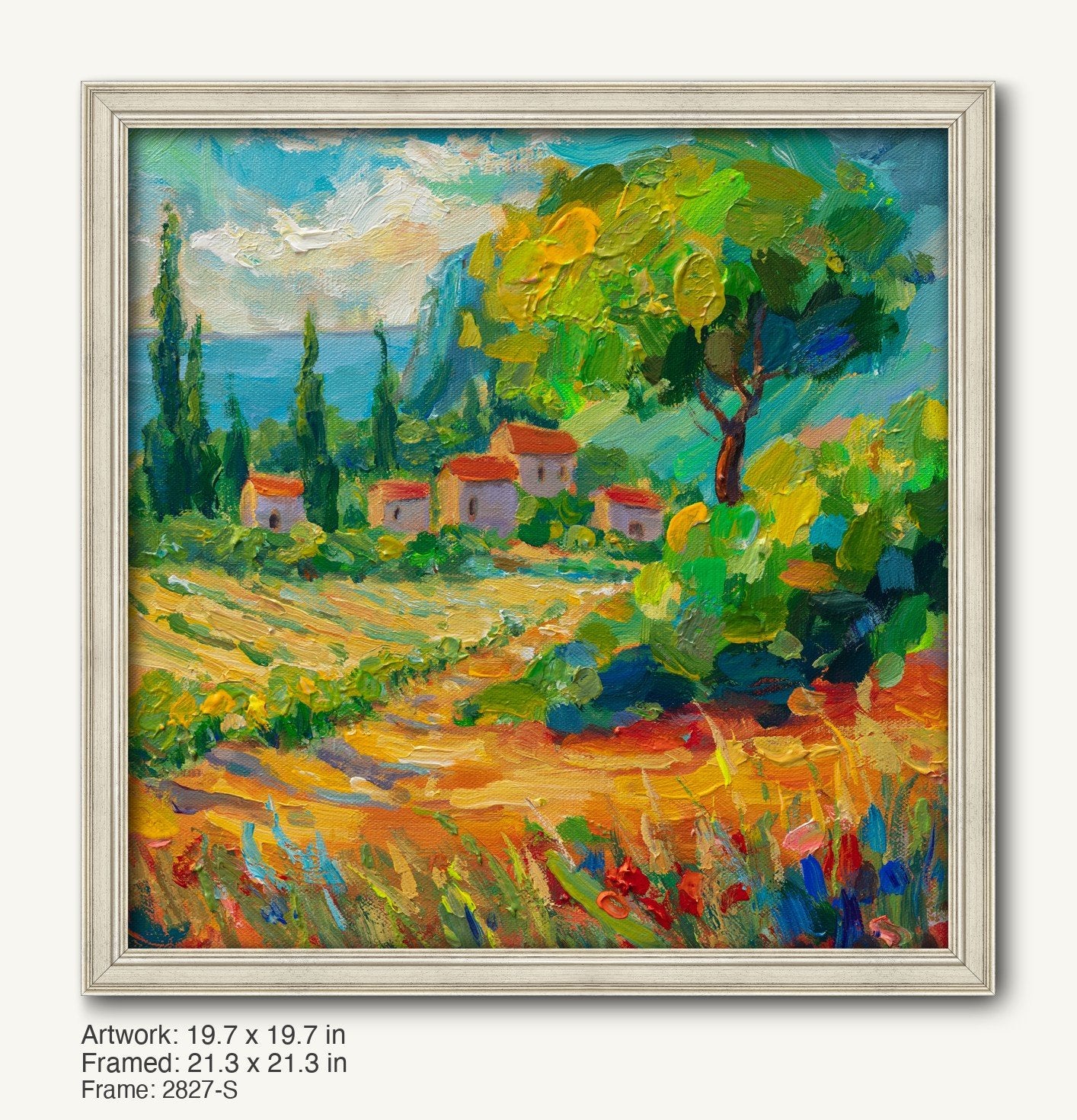 Mediterranean village landscape oil painting in a classic white frame, featuring vibrant greenery, terracotta-roofed houses, and a coastal view under a bright sky