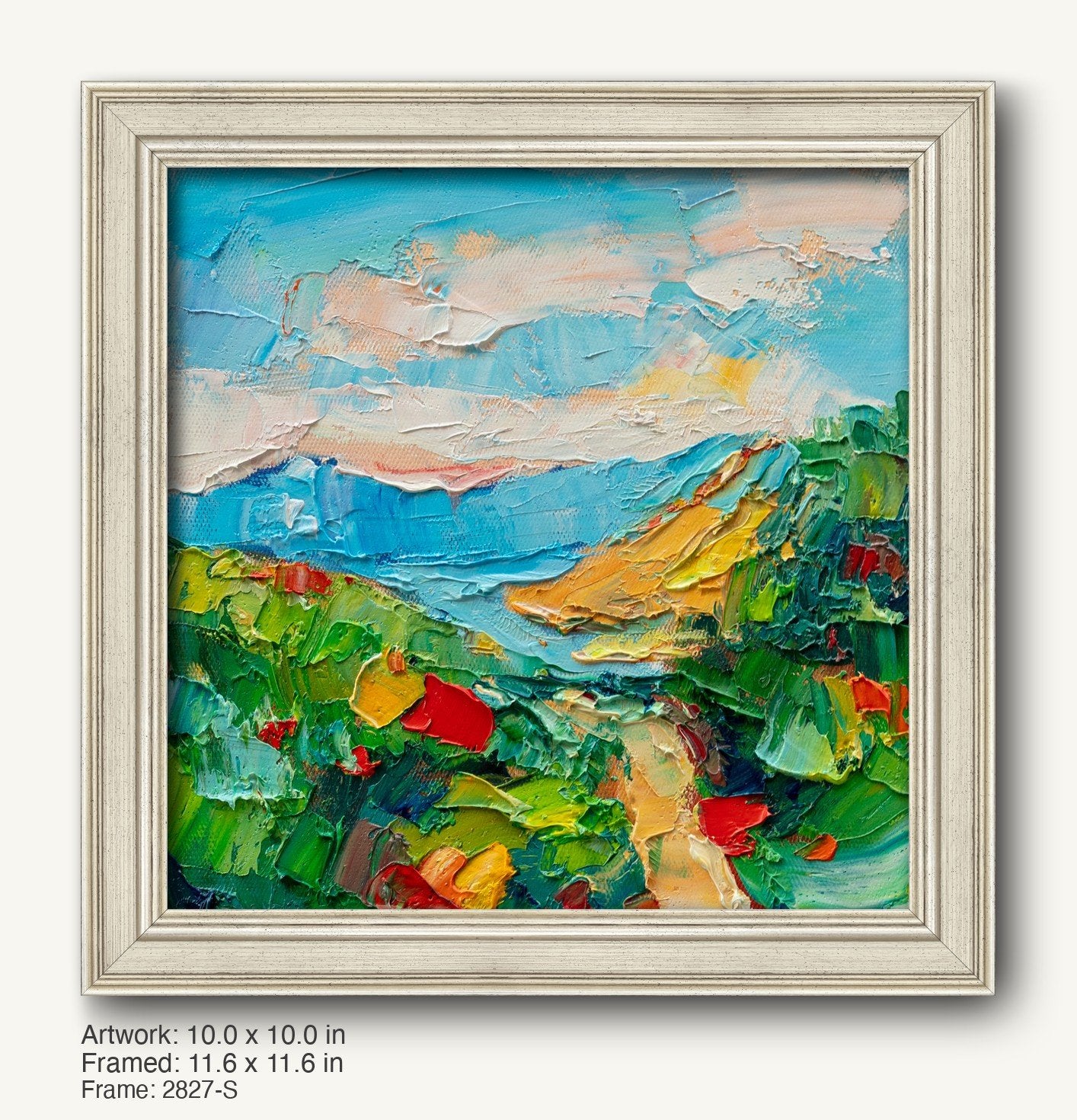Abstract landscape oil painting in a light gray, modern slim frame with textured canvas and vibrant blue, green, and yellow hues
