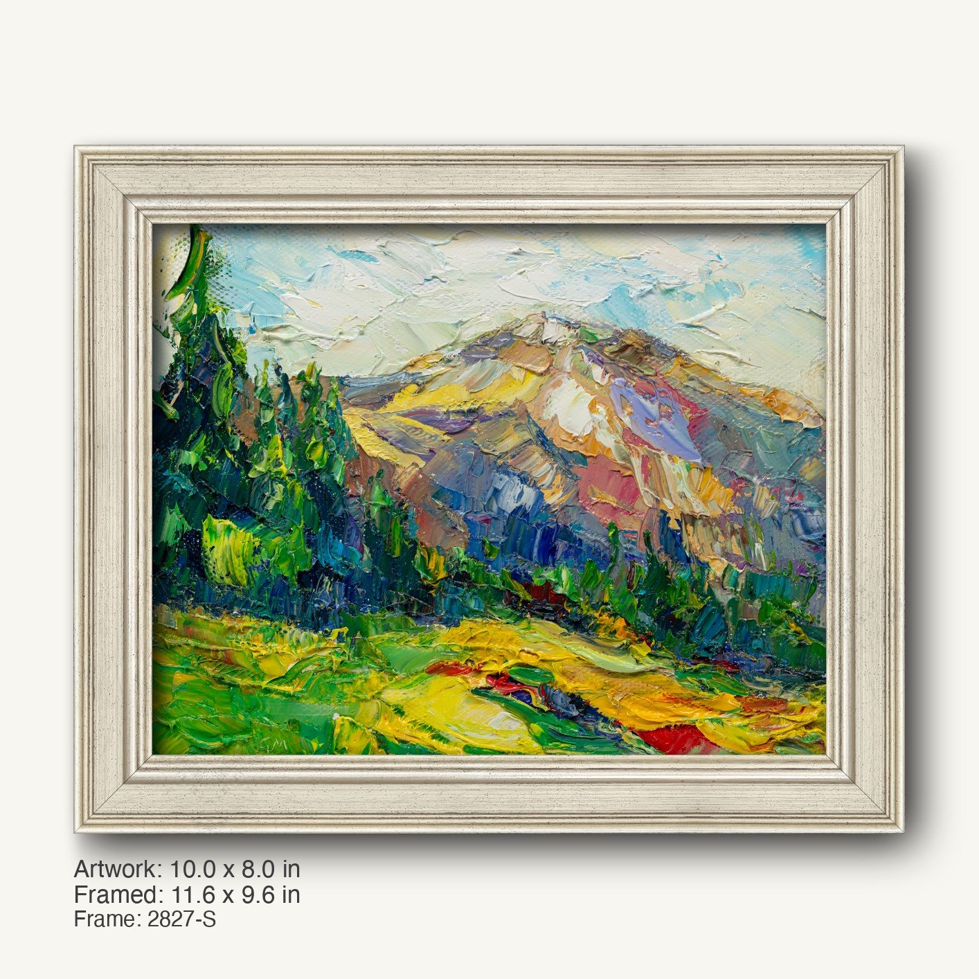 Serene mountain landscape oil painting in a light gray modern slim frame, featuring vibrant greens, yellows, and blues with textured brushwork