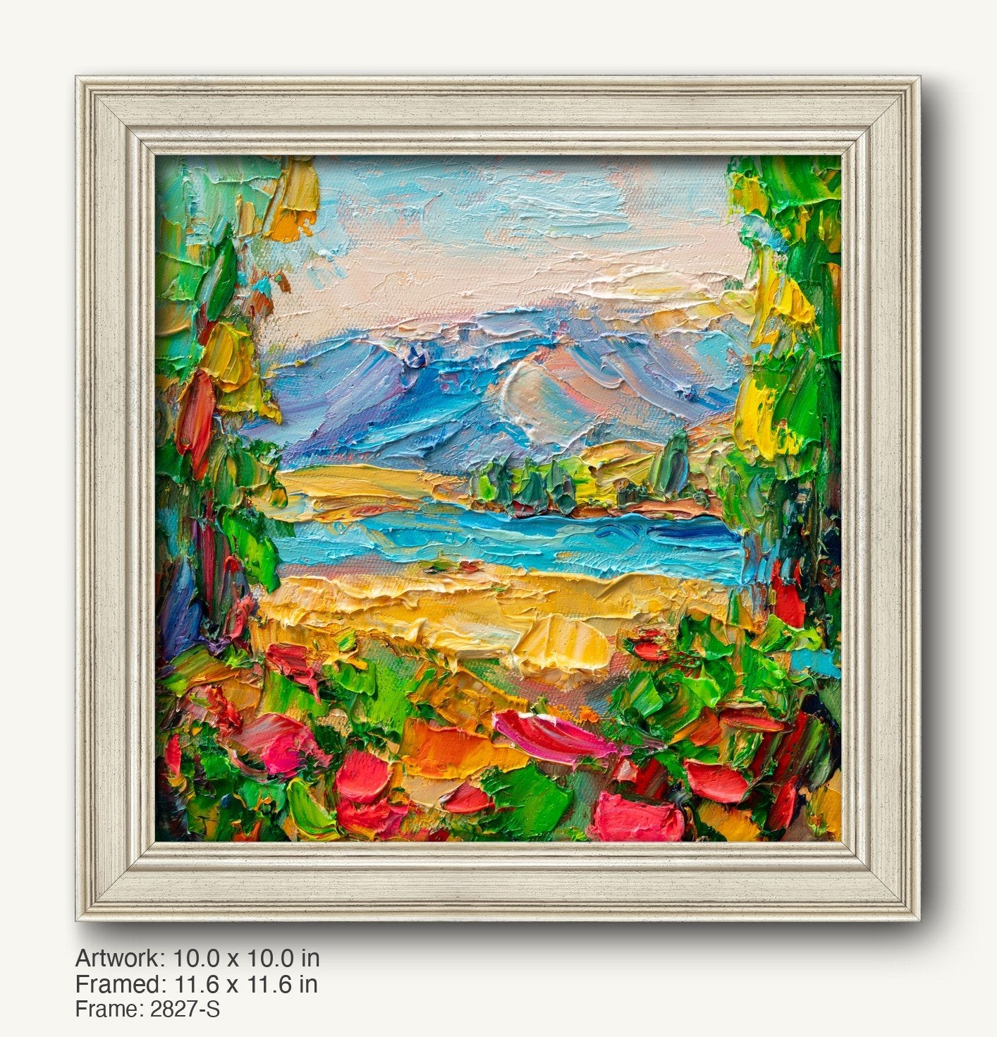 Hand-painted mountain lake scene in a light gray, classic-profile frame with textured finish, showcasing vibrant blues, greens, and yellows in a vertical composition