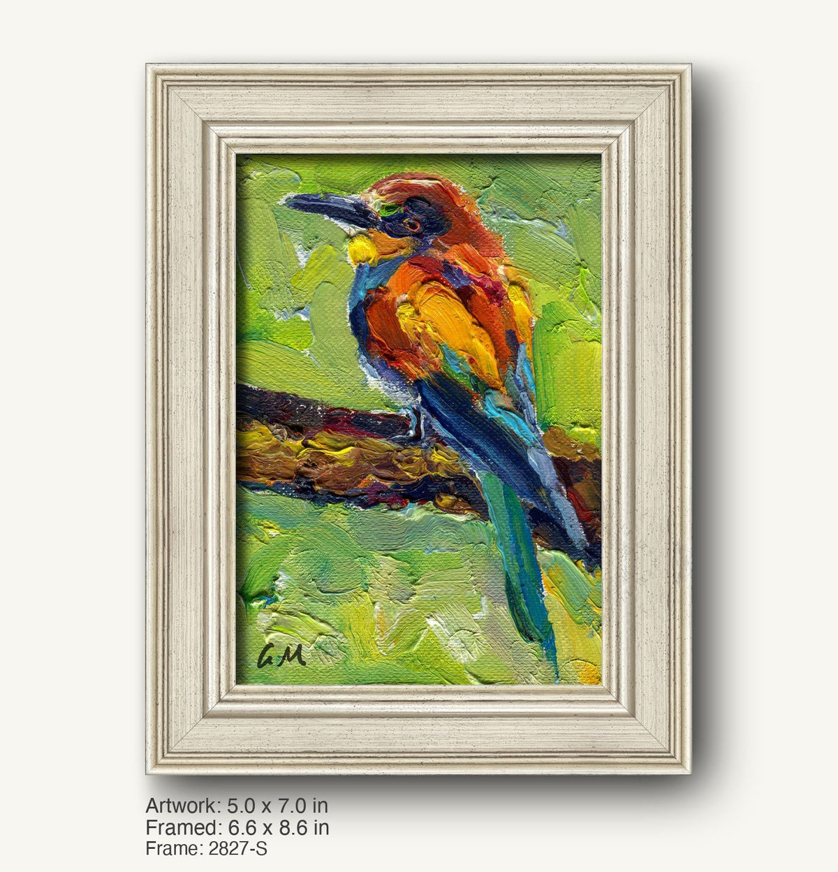 Vibrant oil painting of a colorful bird perched on a branch, framed in a light gray, classic-style wooden frame with subtle texture and beveled edges