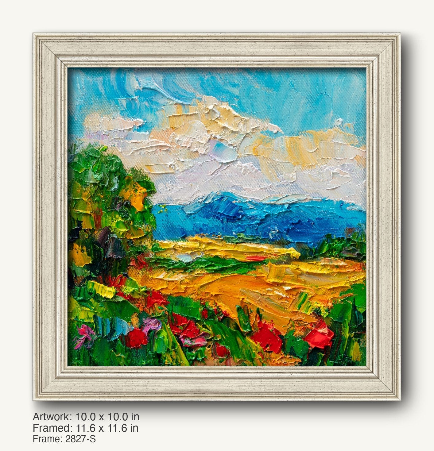 Textured oil painting of a mountain meadow with vibrant flowers, framed in a light gray modern slim frame with subtle beveled edges