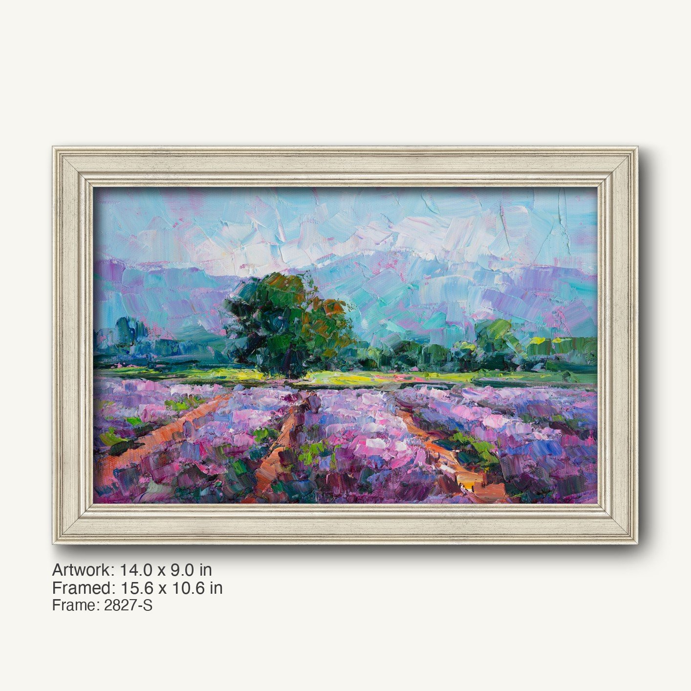 Lavender field oil painting in a light gray classic frame, horizontal landscape with purple blooms, green trees, and blue sky, textured brushwork on canvas
