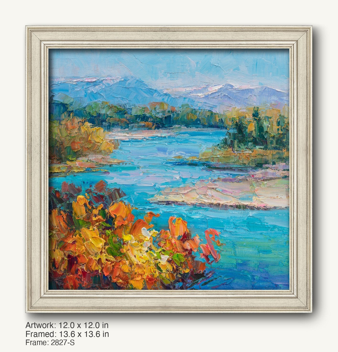 Impressionist lake scene painting with vibrant autumn foliage and distant mountains, displayed in a light gray classic frame with subtle texture and modern slim profile