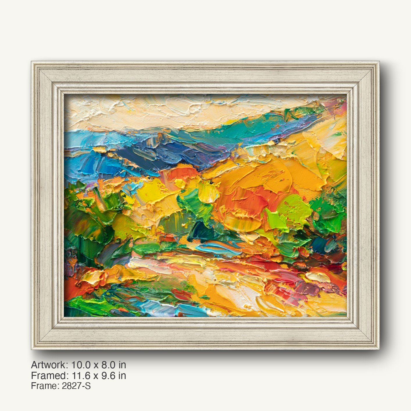 Abstract landscape oil painting in a cool silver modern slim frame, featuring vibrant blues, greens, yellows, and reds with textured brushwork on canvas
