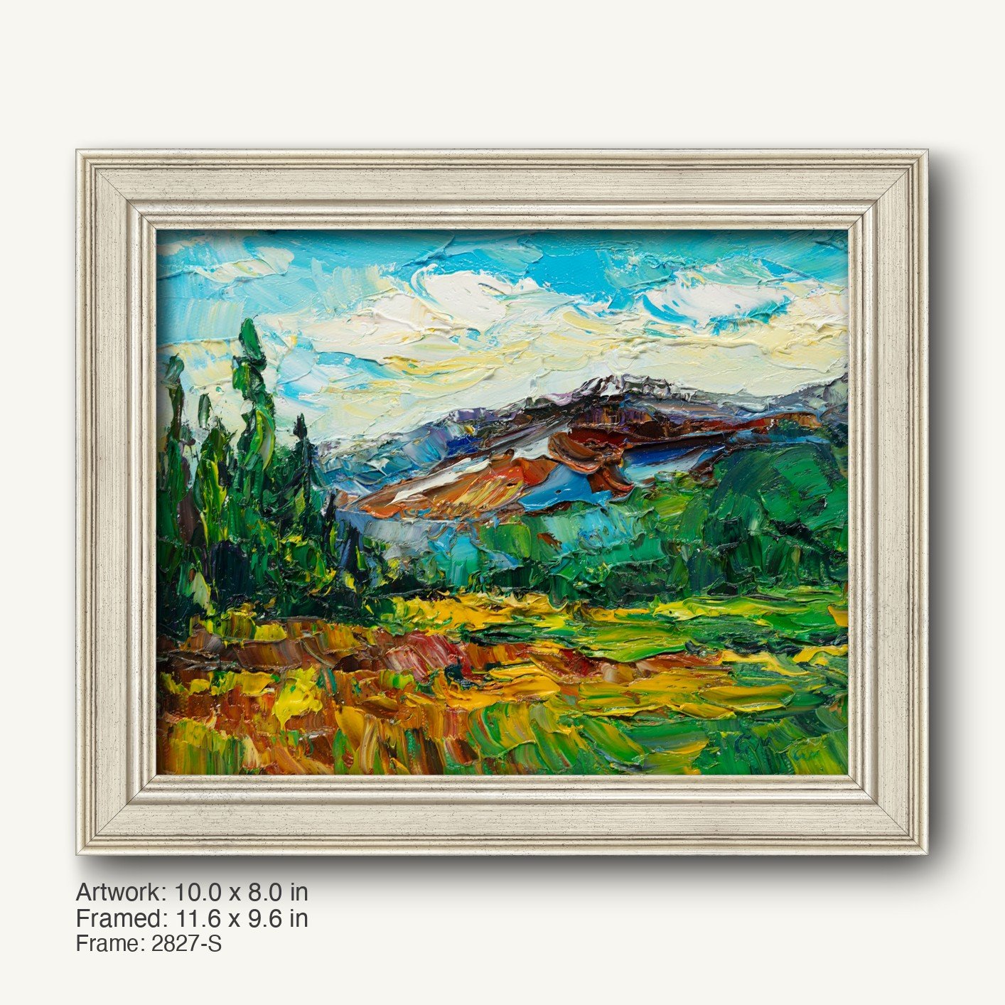 Impasto mountain landscape painting in a light gray, classic-style frame with subtle texture and beveled edges, showcasing vibrant greens, blues, and yellows on canvas.